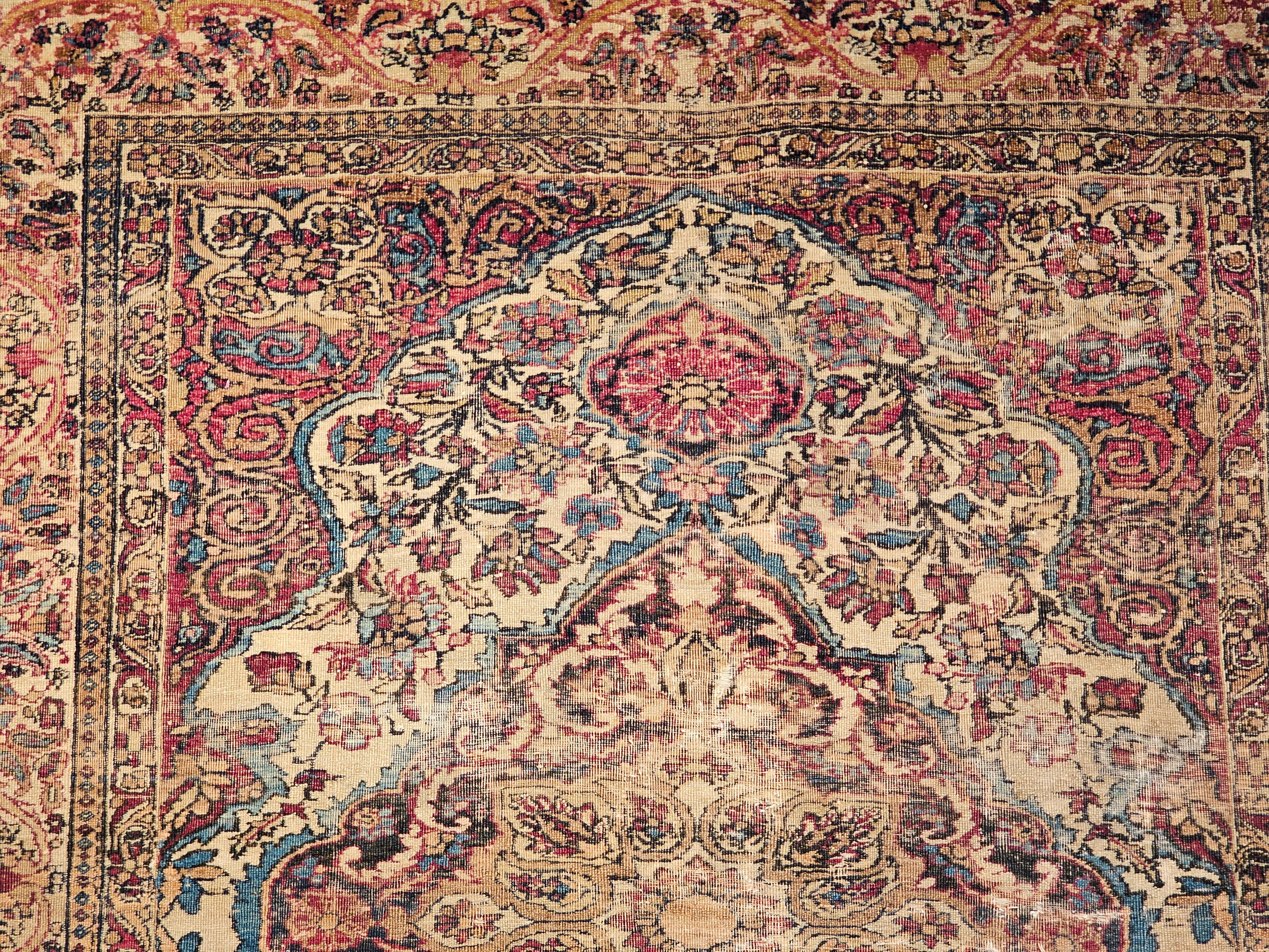 19th-Century Persian Kerman Lavar Area Rug in Floral Design in Ivory, Red, Blue For Sale 3