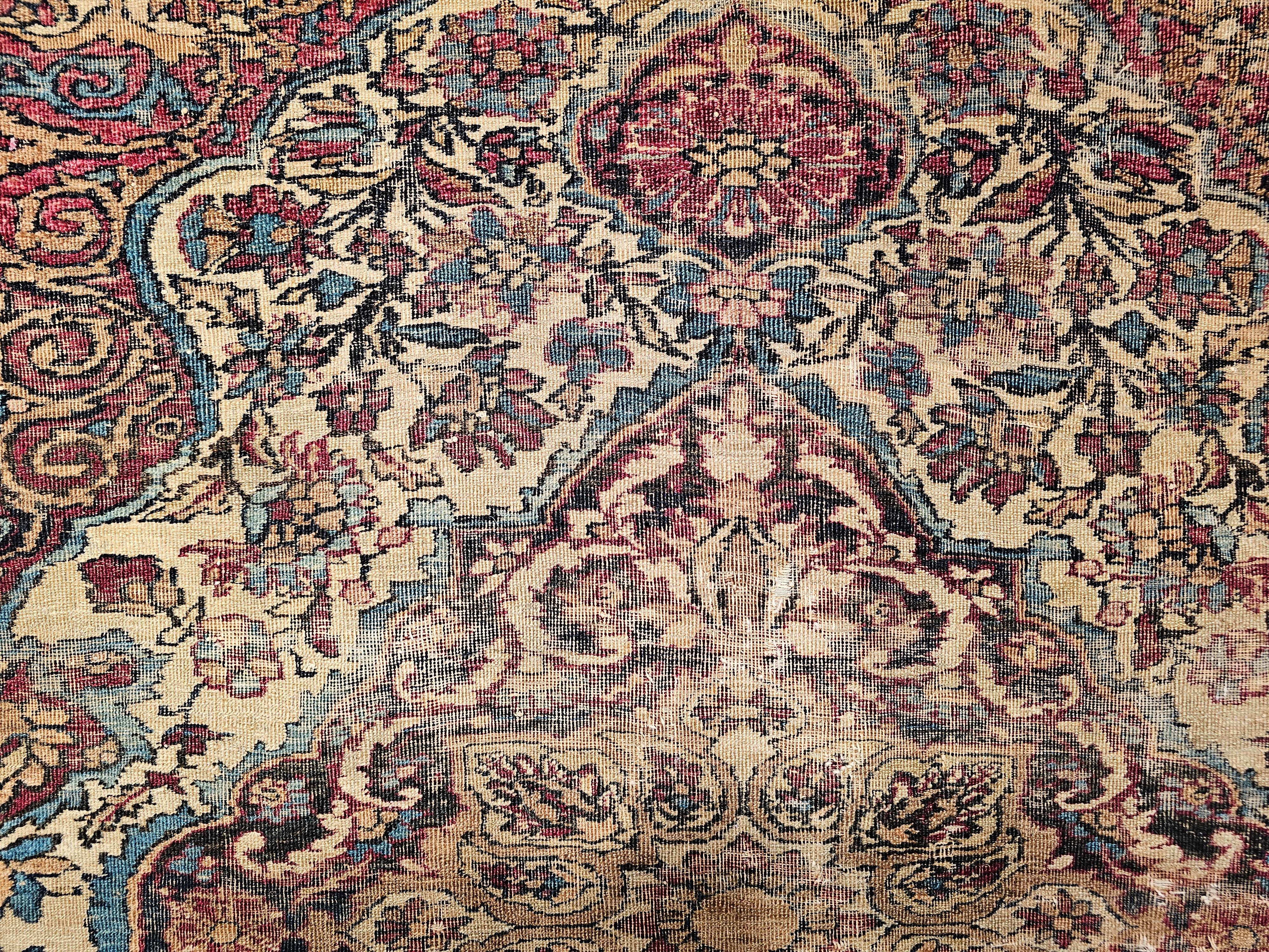 19th-Century Persian Kerman Lavar Area Rug in Floral Design in Ivory, Red, Blue For Sale 4