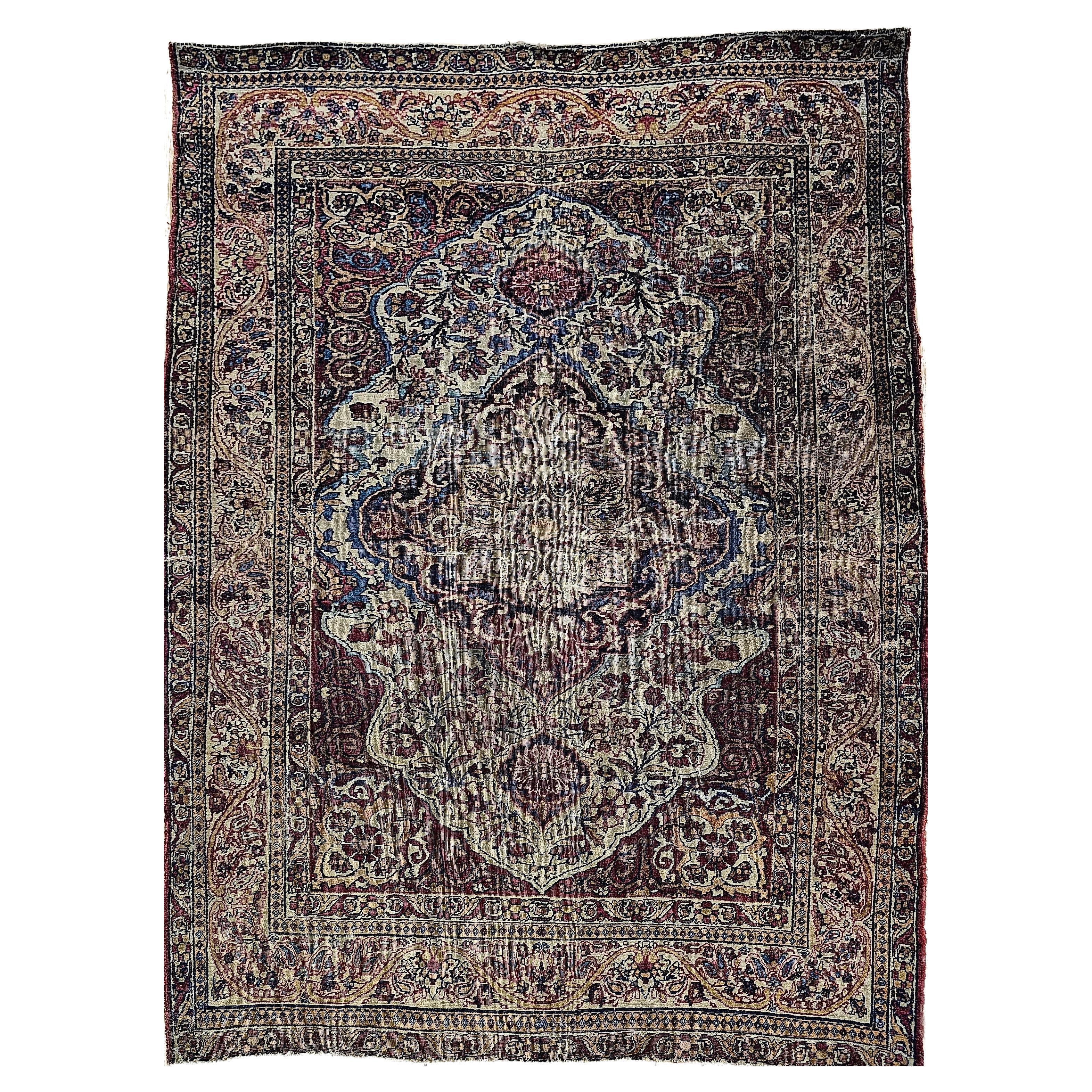 Hand-Knotted 19th-Century Persian Kerman Lavar Area Rug in Floral Design in Ivory, Red, Blue For Sale