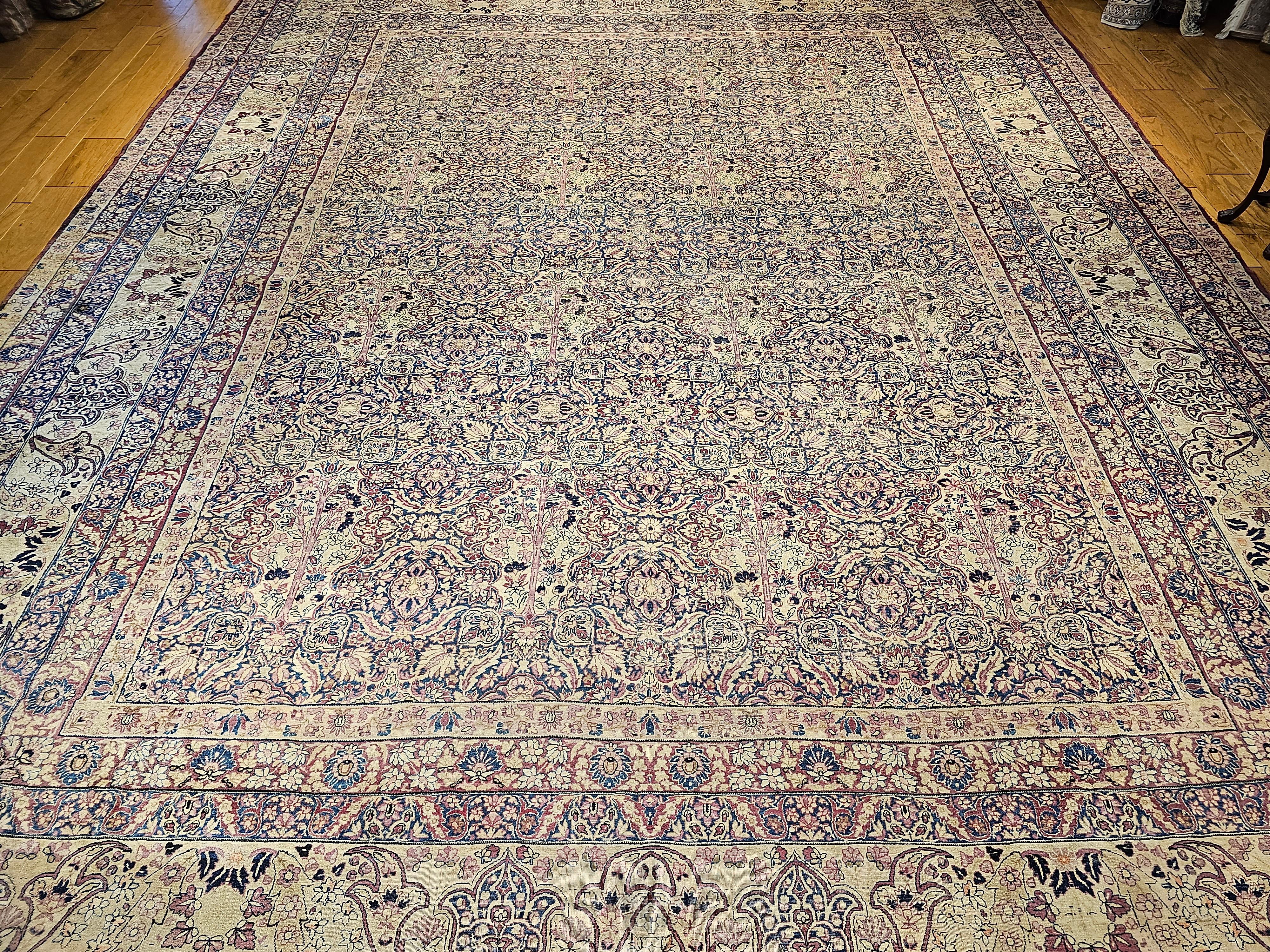 19th Century Persian Kerman Lavar in All Over Pattern in Royal Blue, Ivory, Red For Sale 8