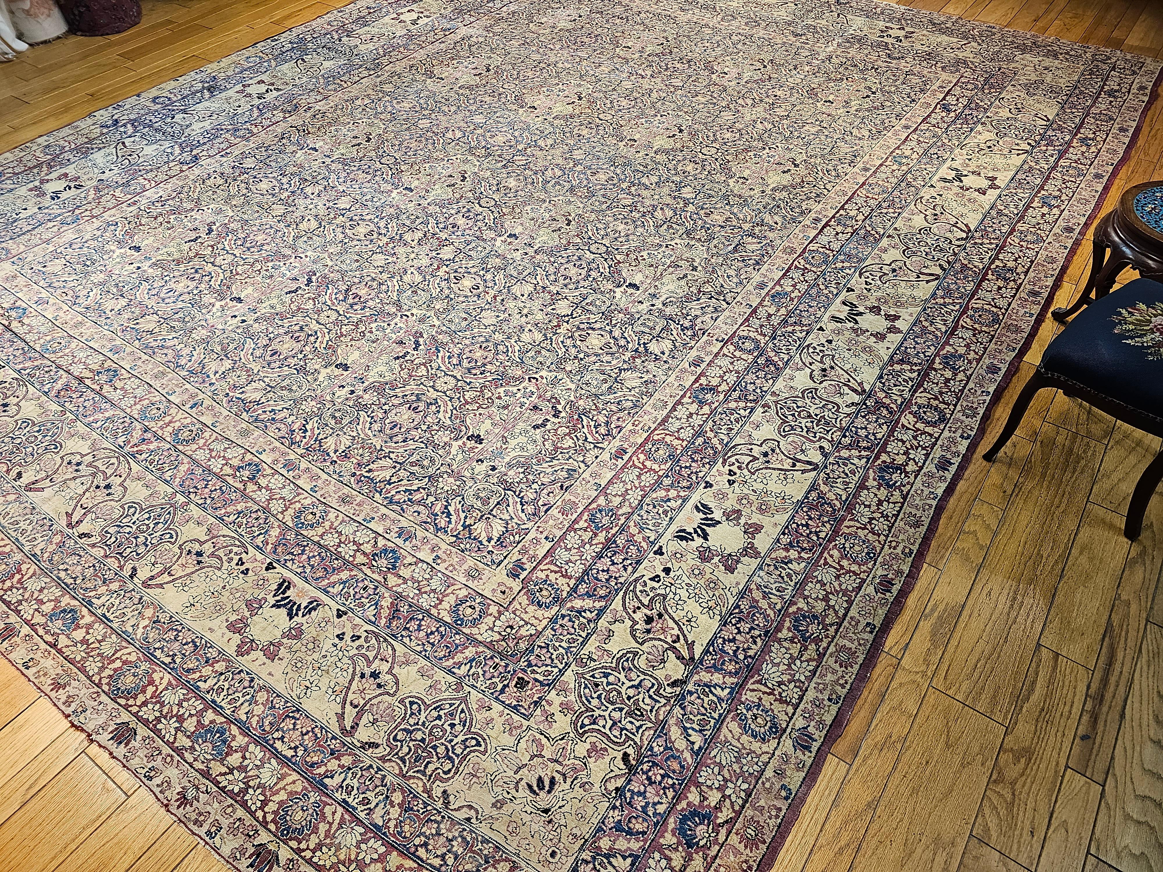 19th Century Persian Kerman Lavar in All Over Pattern in Royal Blue, Ivory, Red For Sale 9