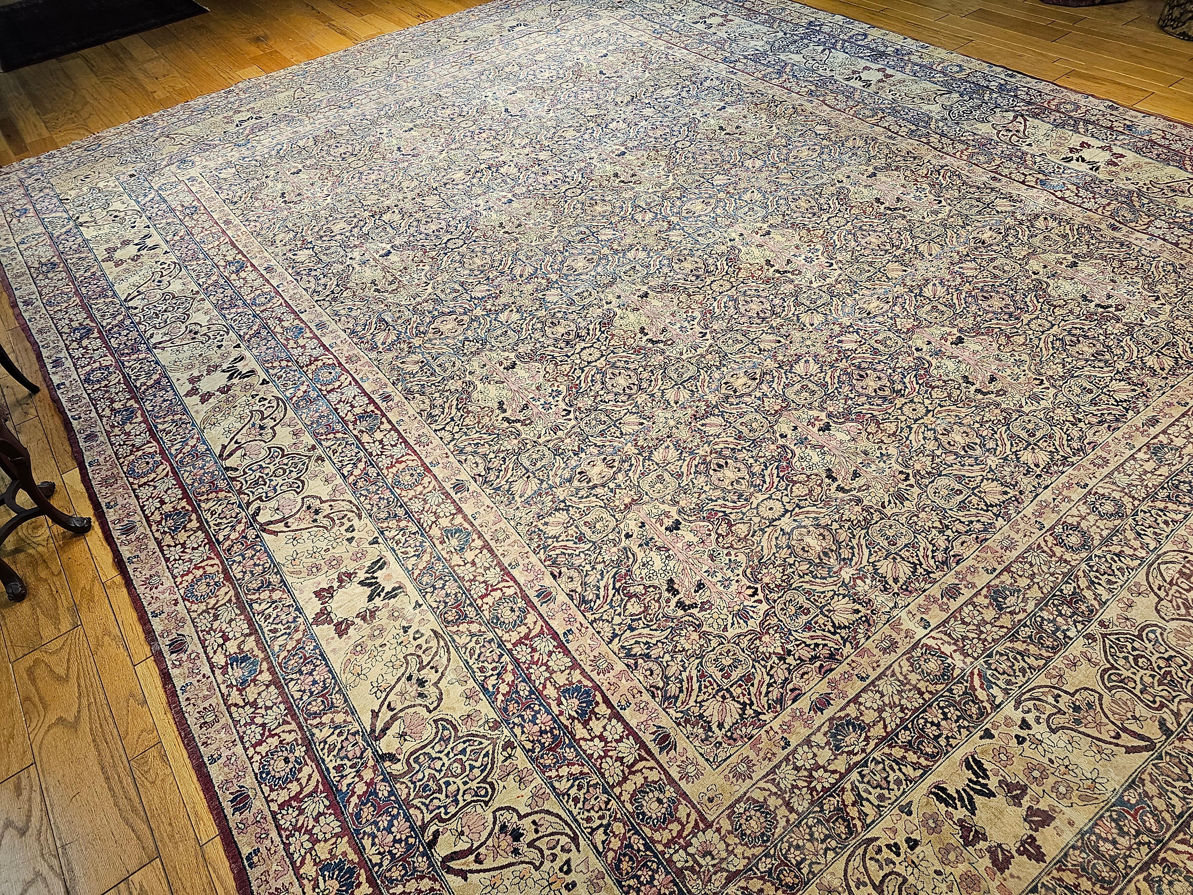 19th Century Persian Kerman Lavar in All Over Pattern in Royal Blue, Ivory, Red For Sale 10