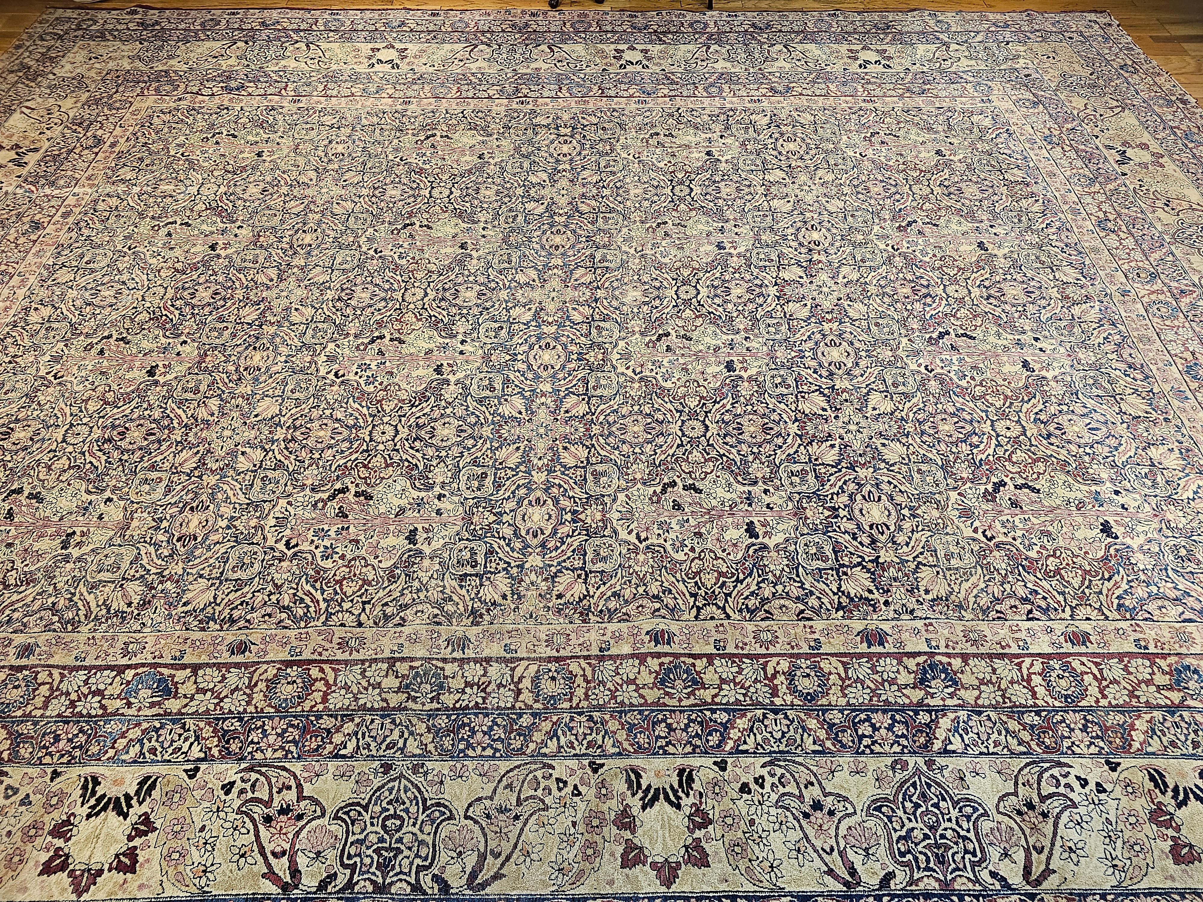 19th Century Persian Kerman Lavar in All Over Pattern in Royal Blue, Ivory, Red For Sale 11