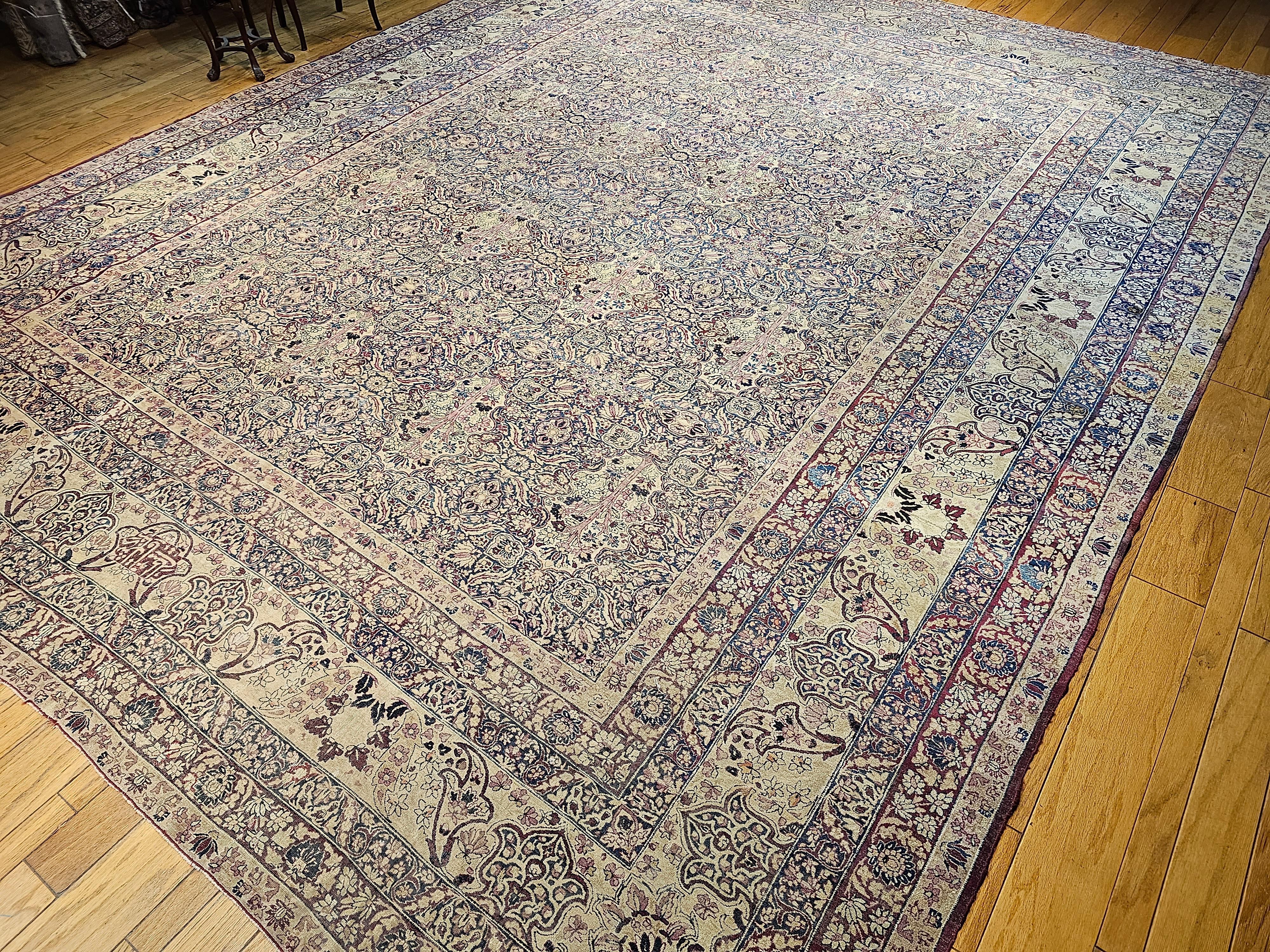 19th Century Persian Kerman Lavar in All Over Pattern in Royal Blue, Ivory, Red For Sale 13
