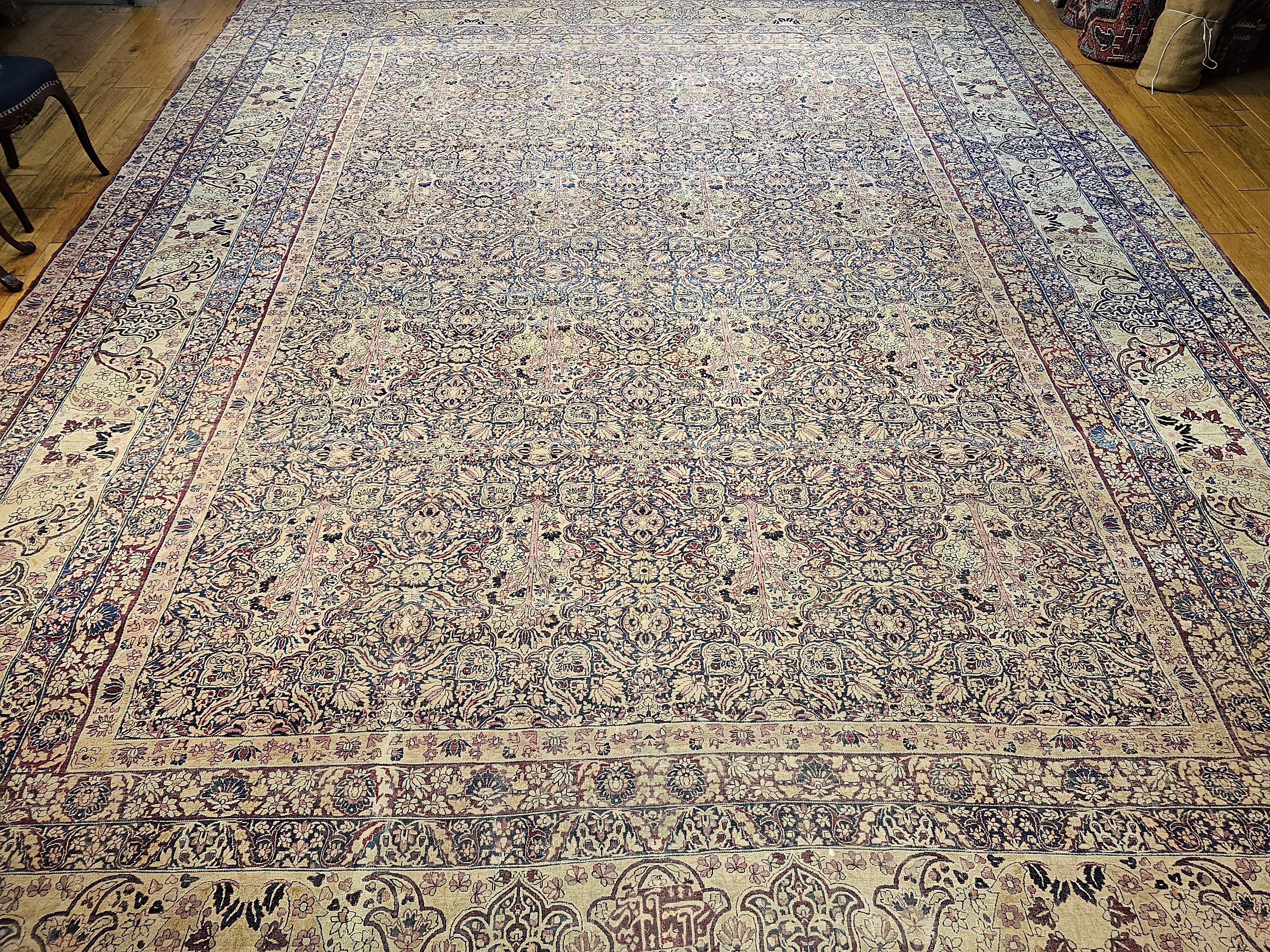 19th Century Persian Kerman Lavar in All Over Pattern in Royal Blue, Ivory, Red For Sale 14