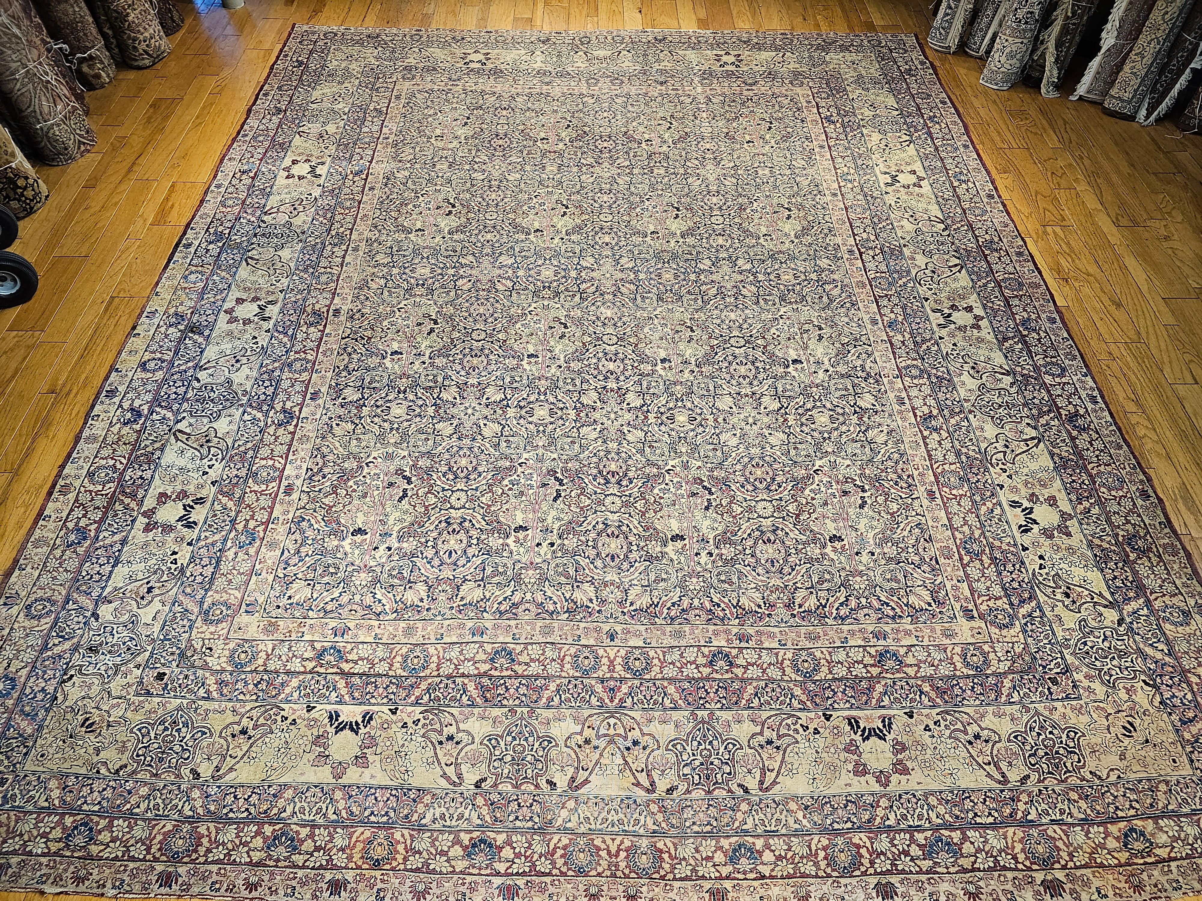 19th Century Persian Kerman Lavar in All Over Pattern in Royal Blue, Ivory, Red For Sale 15