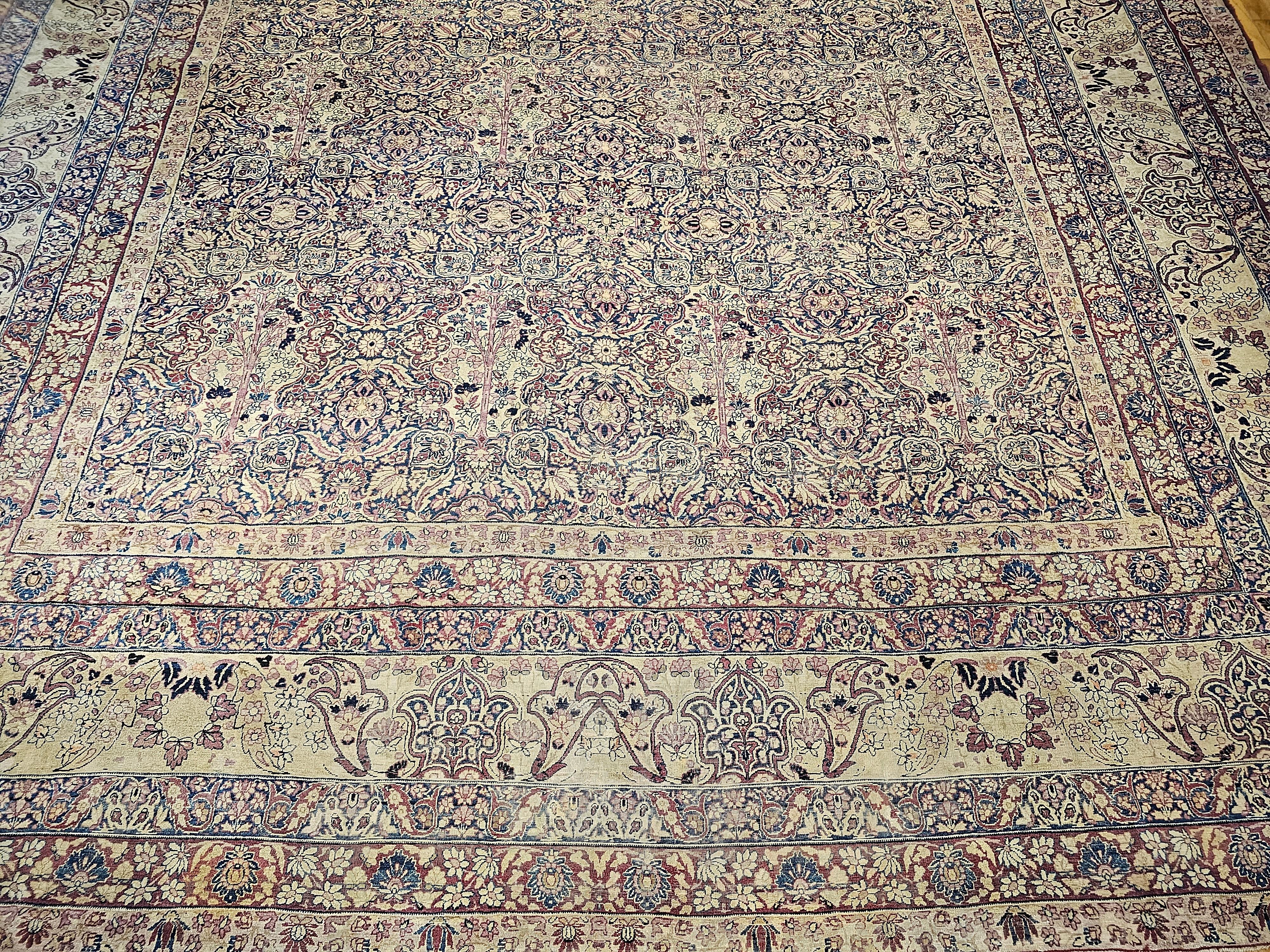 Vegetable Dyed 19th Century Persian Kerman Lavar in All Over Pattern in Royal Blue, Ivory, Red For Sale