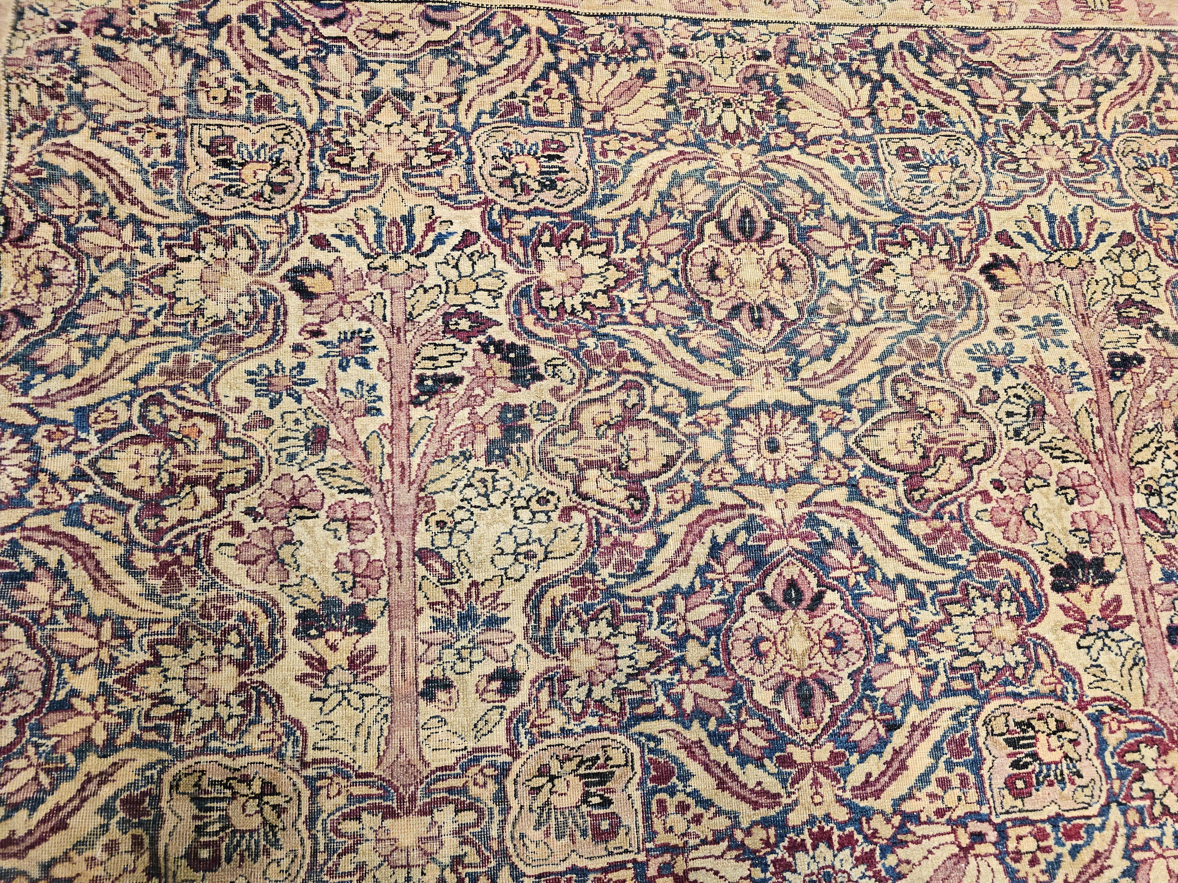 19th Century Persian Kerman Lavar in All Over Pattern in Royal Blue, Ivory, Red For Sale 2