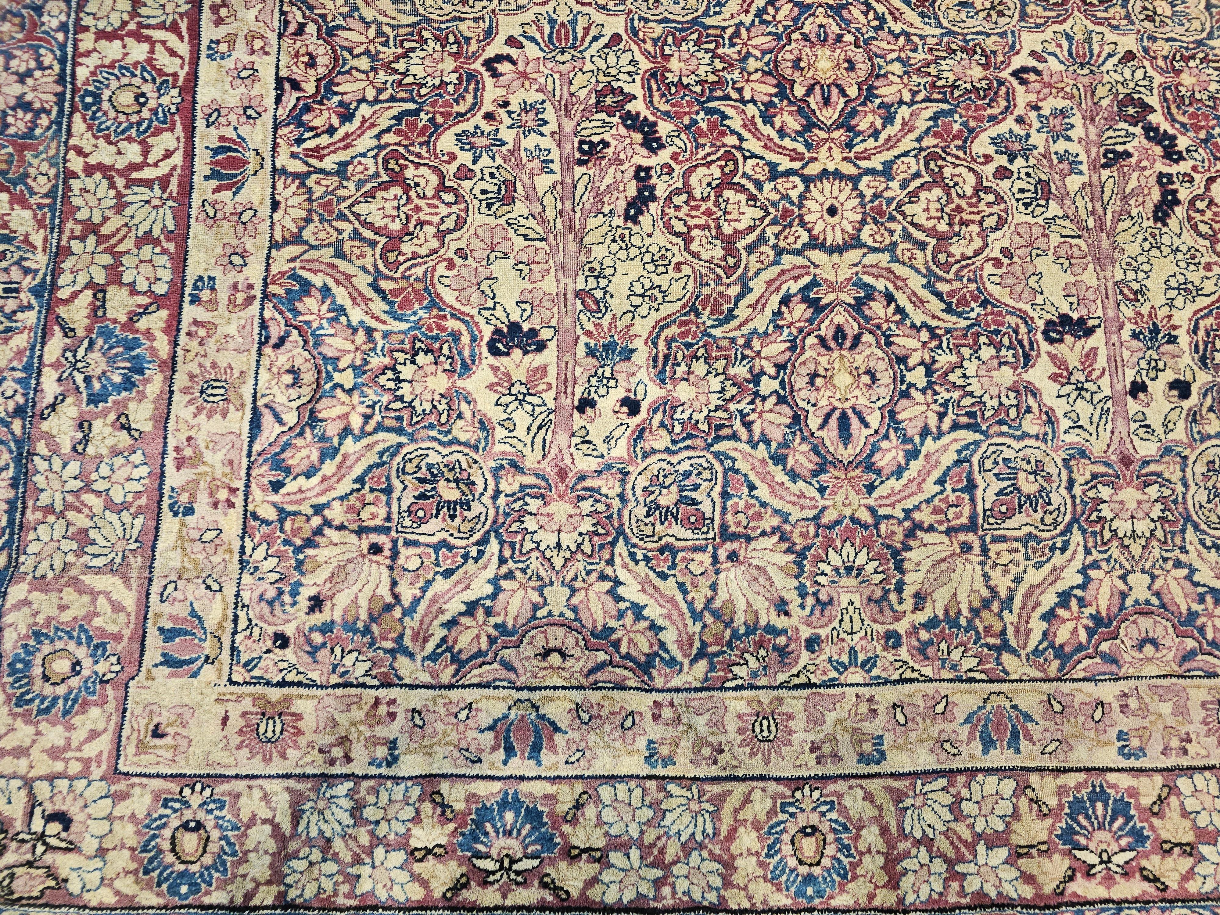 19th Century Persian Kerman Lavar in All Over Pattern in Royal Blue, Ivory, Red For Sale 3