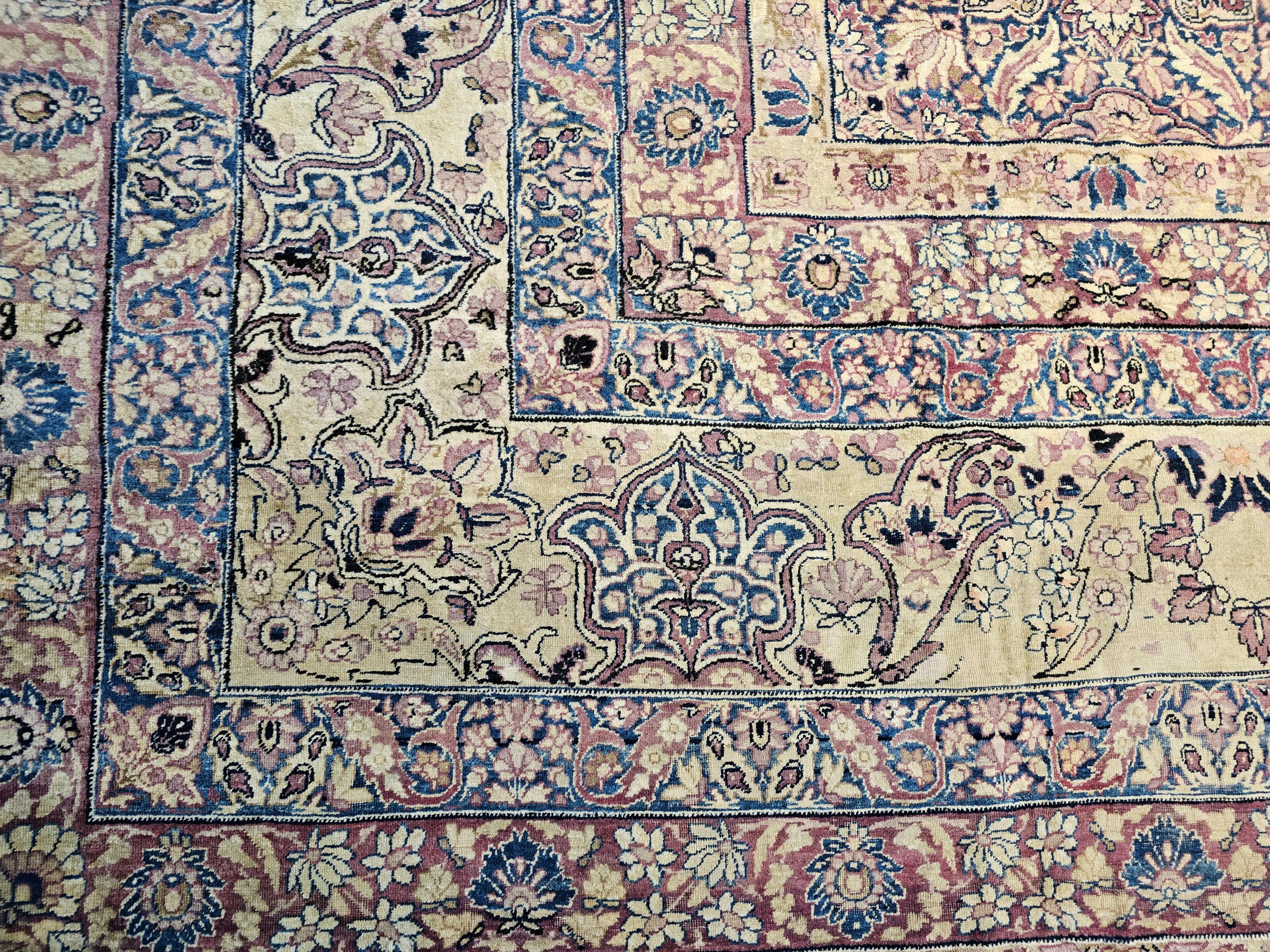 19th Century Persian Kerman Lavar in All Over Pattern in Royal Blue, Ivory, Red For Sale 4