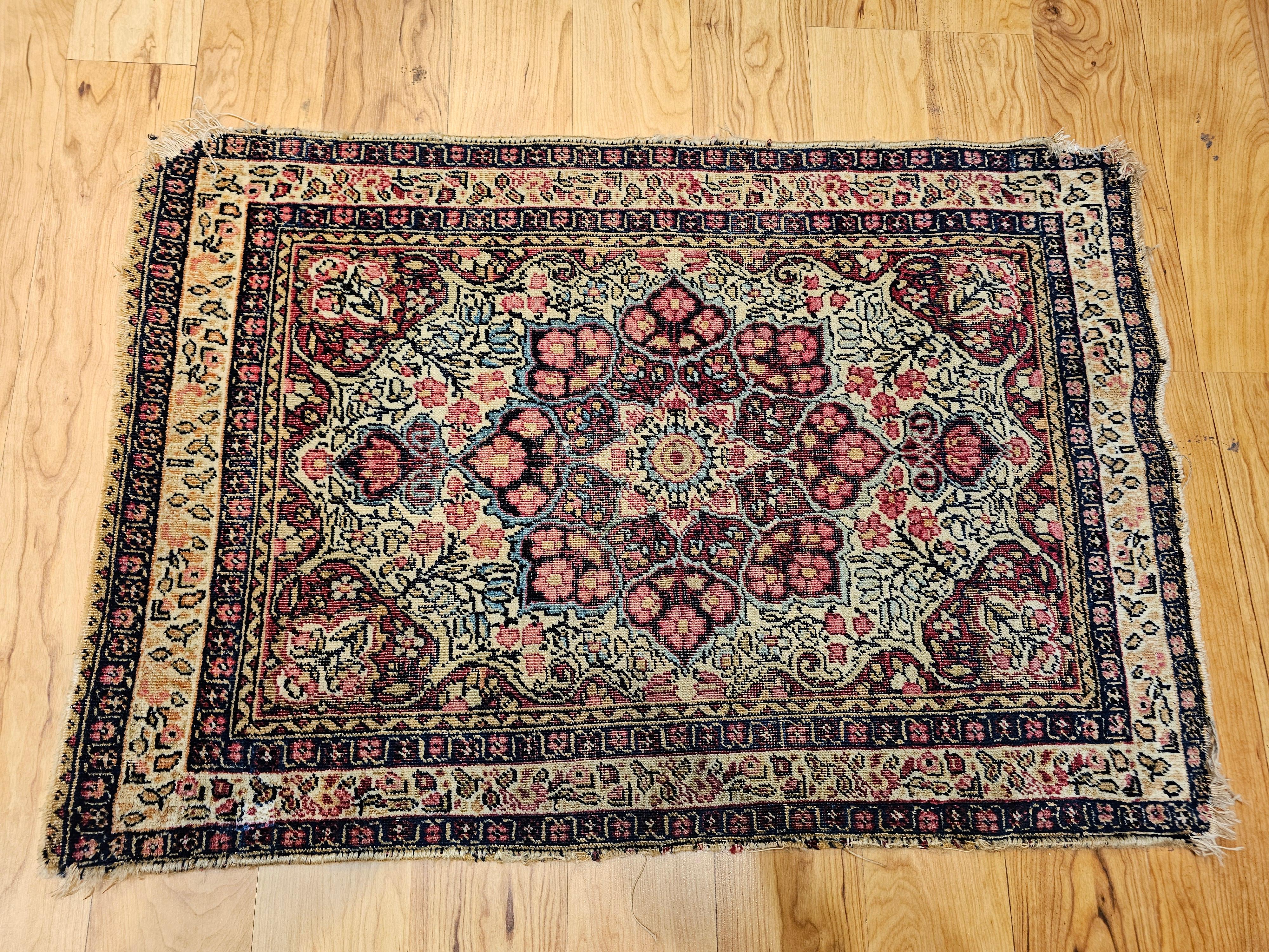 19th Century Persian Kerman Lavar in Floral Pattern in Ivory, Burgundy, Yellow For Sale 5