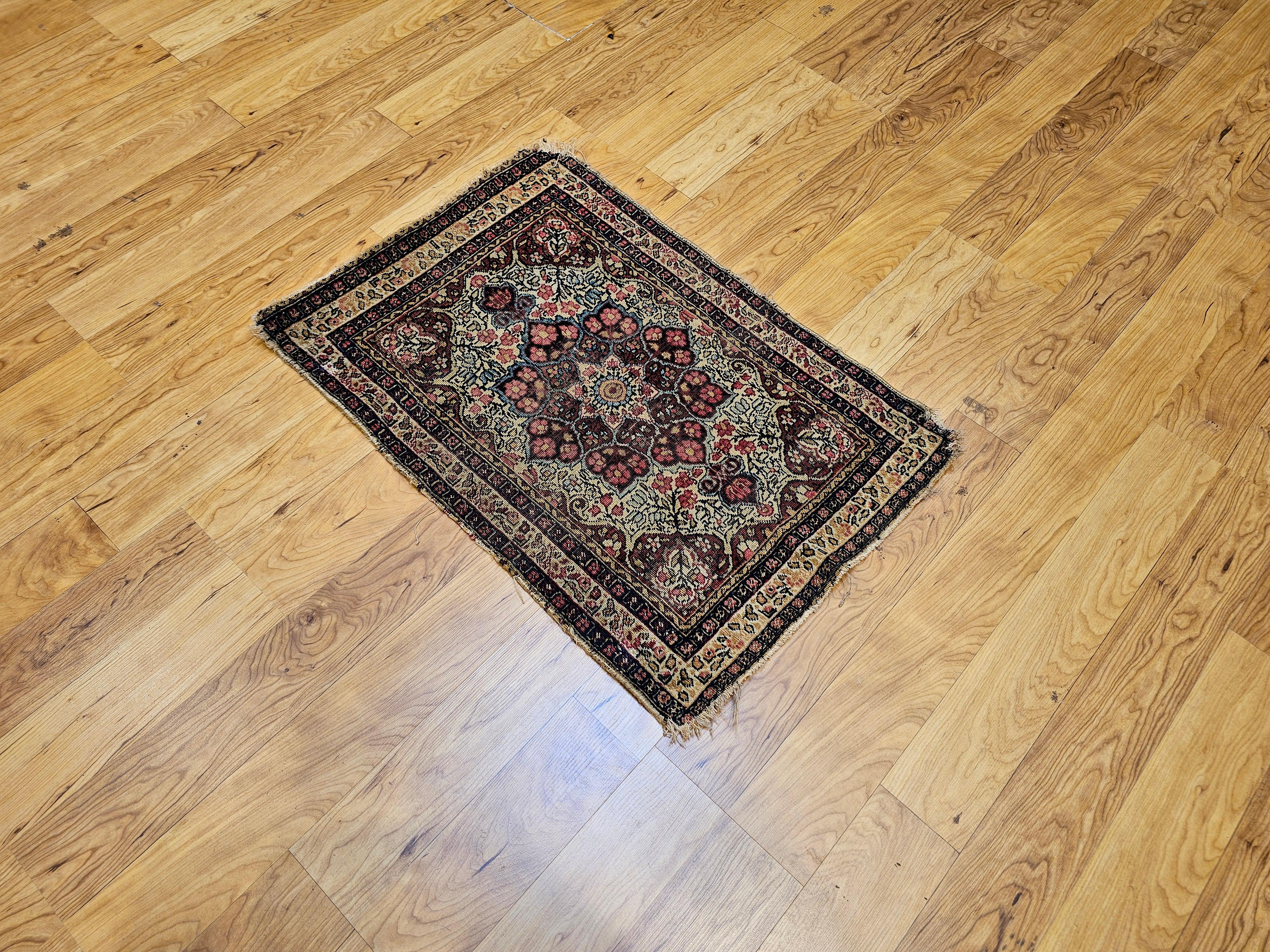 19th Century Persian Kerman Lavar in Floral Pattern in Ivory, Burgundy, Yellow For Sale 6
