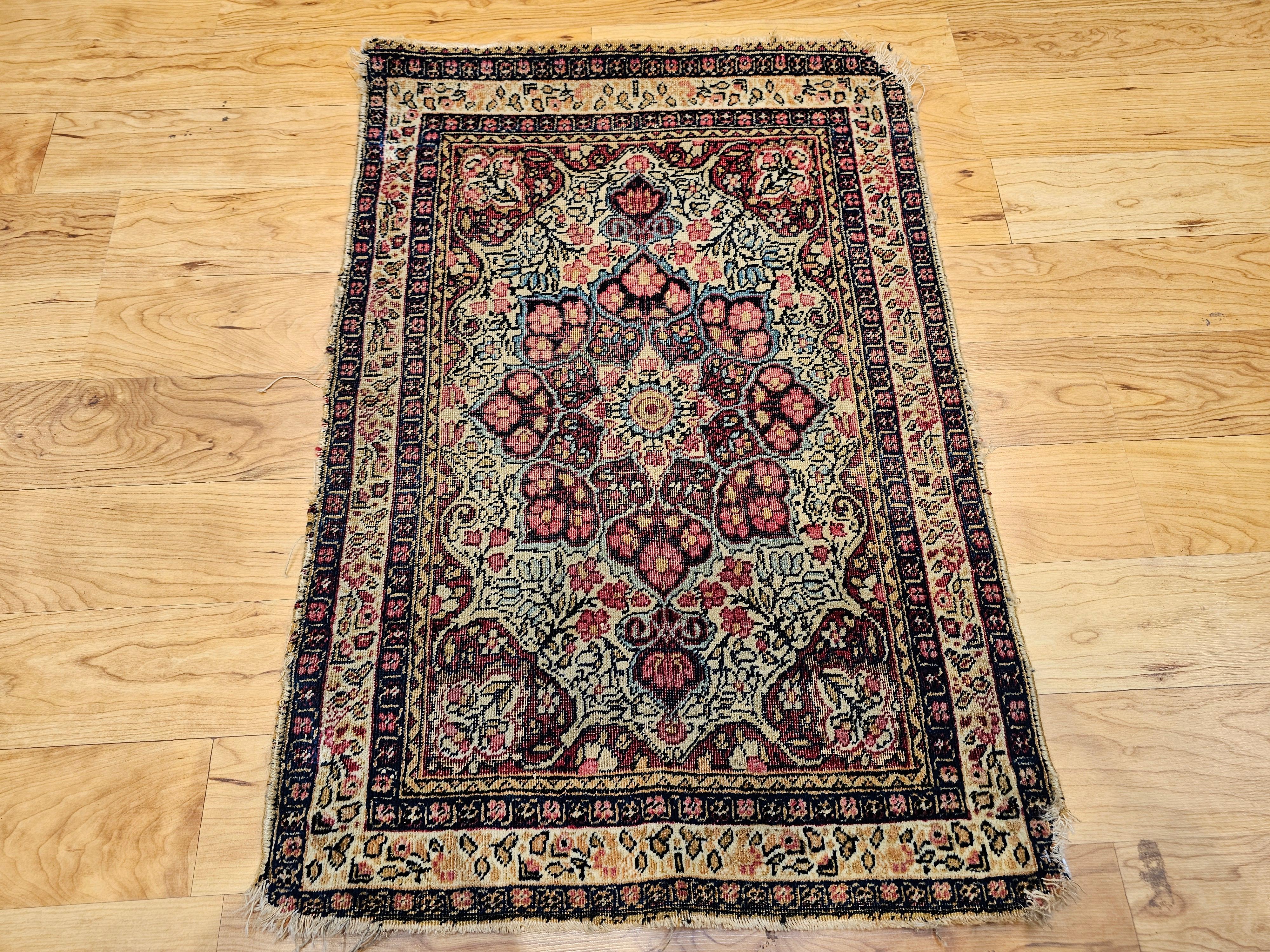 19th Century Persian Kerman Lavar in Floral Pattern in Ivory, Burgundy, Yellow For Sale 7