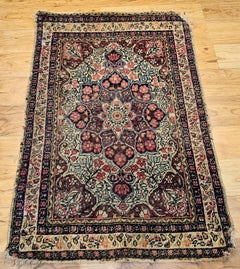 Antique Persian Kerman Lavar Area Rug, Floral Design, Wool, 1800s