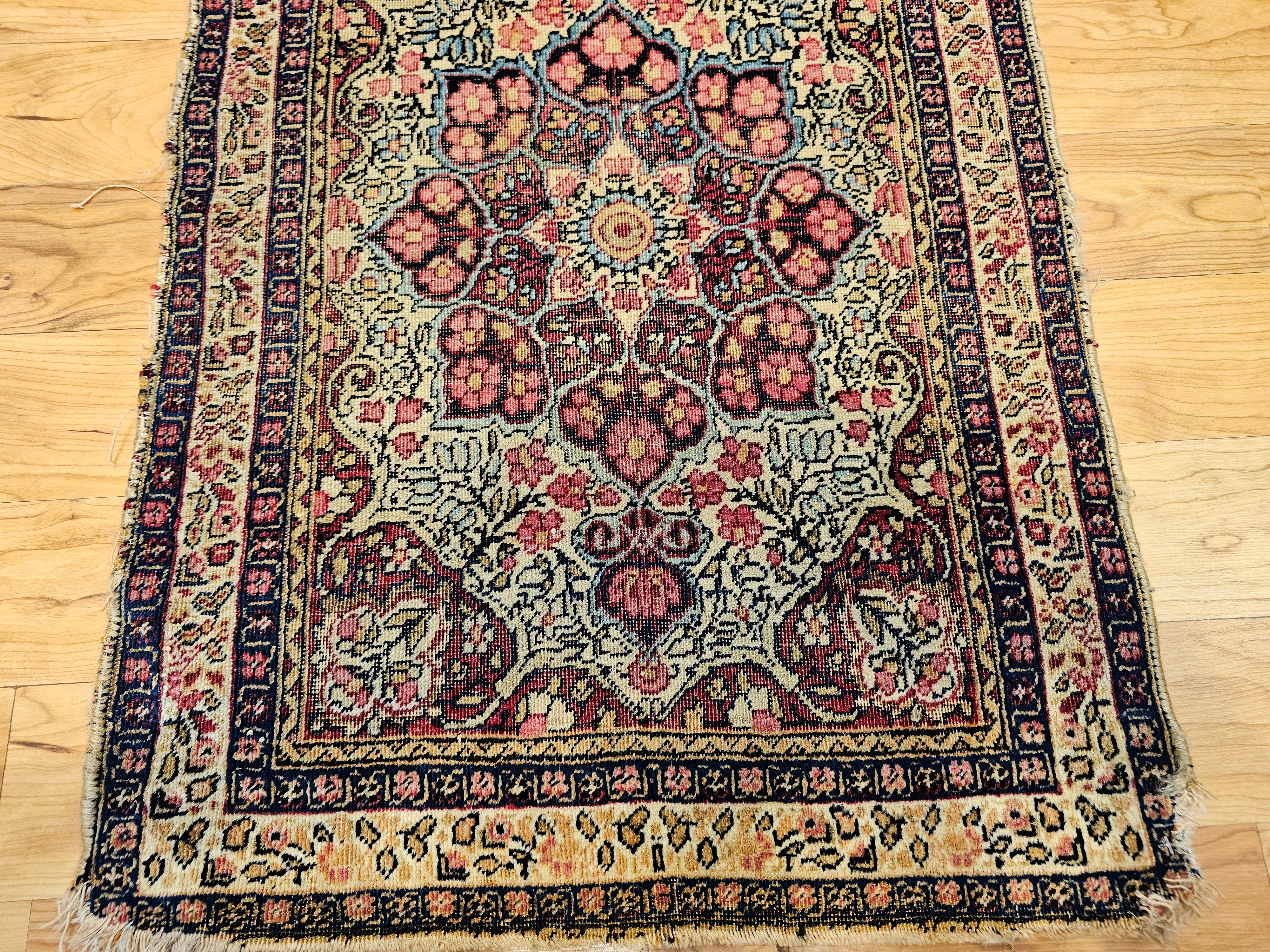 Art Nouveau 19th Century Persian Kerman Lavar in Floral Pattern in Ivory, Burgundy, Yellow For Sale