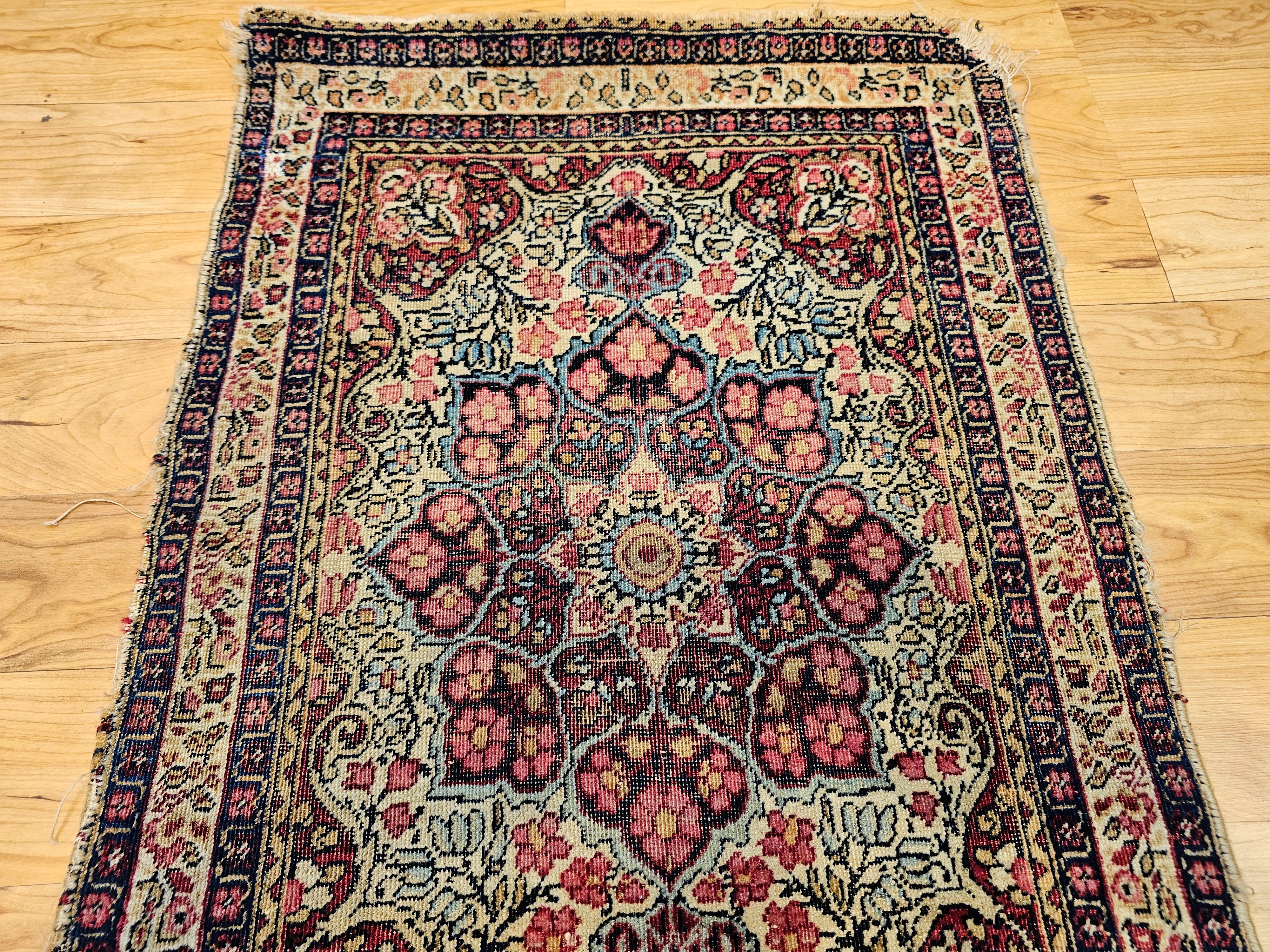 19th Century Persian Kerman Lavar in Floral Pattern in Ivory, Burgundy, Yellow In Good Condition For Sale In Barrington, IL