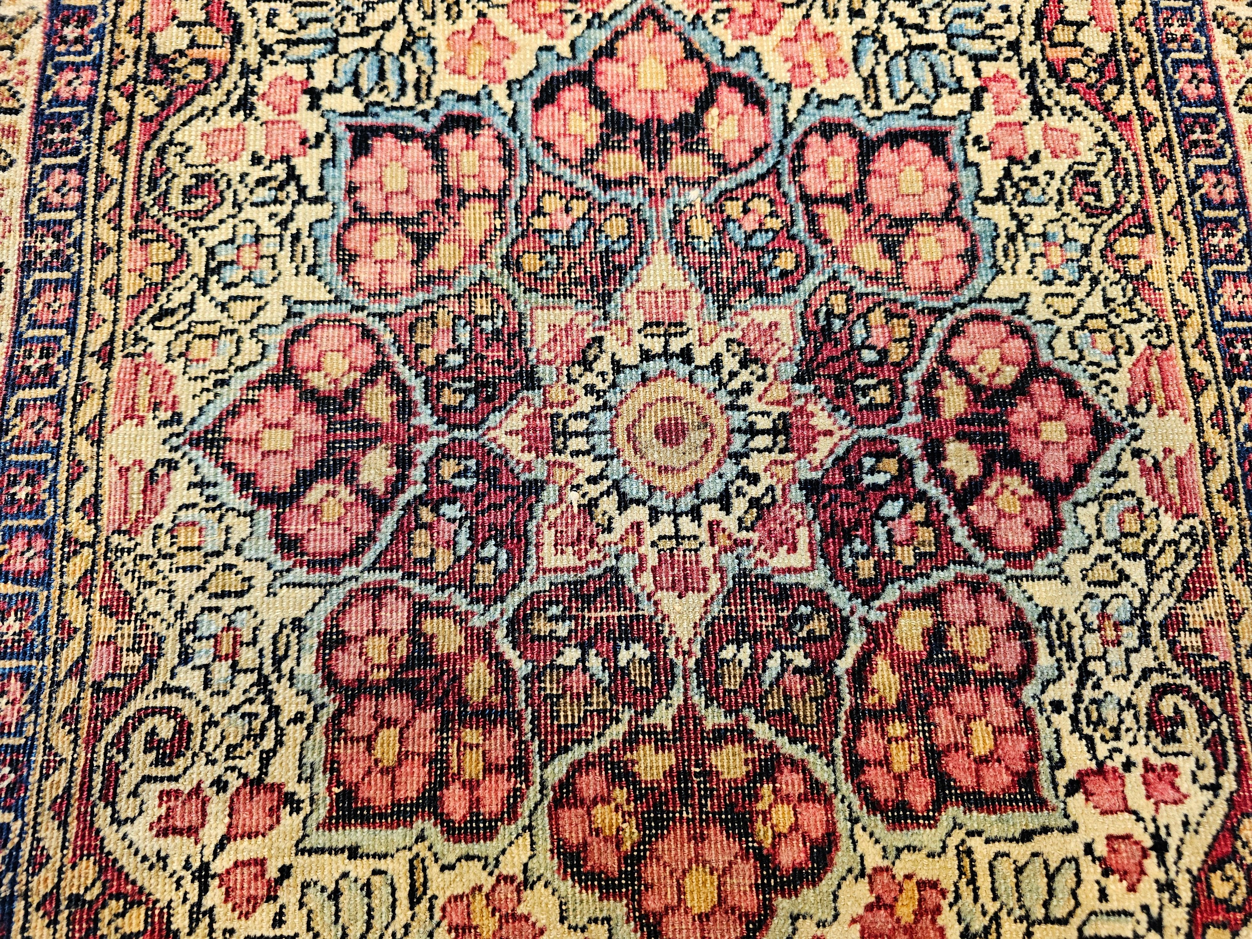 19th Century Persian Kerman Lavar in Floral Pattern in Ivory, Burgundy, Yellow For Sale 1