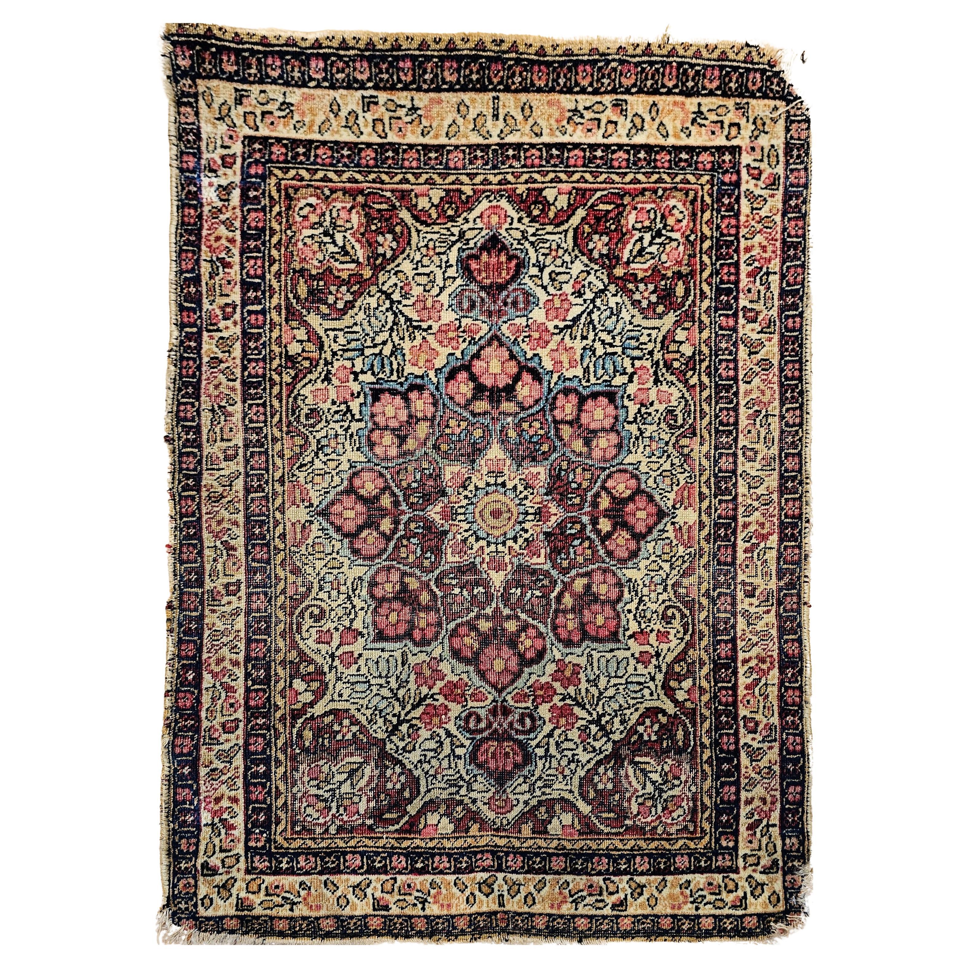 19th Century Persian Kerman Lavar in Floral Pattern in Ivory, Burgundy, Yellow For Sale