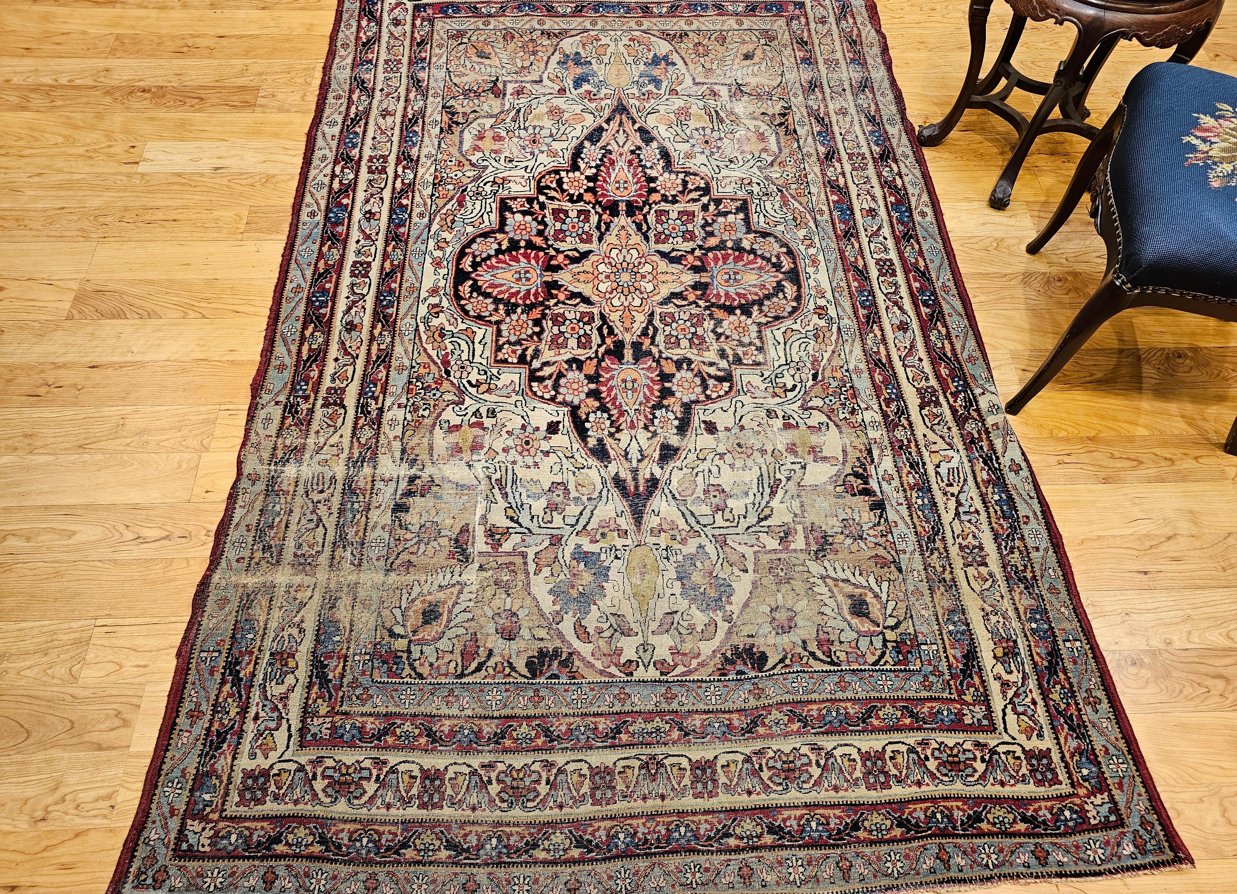 19th Century Persian Kerman Lavar in Floral Pattern in Ivory, Red, Navy, Yellow For Sale 7