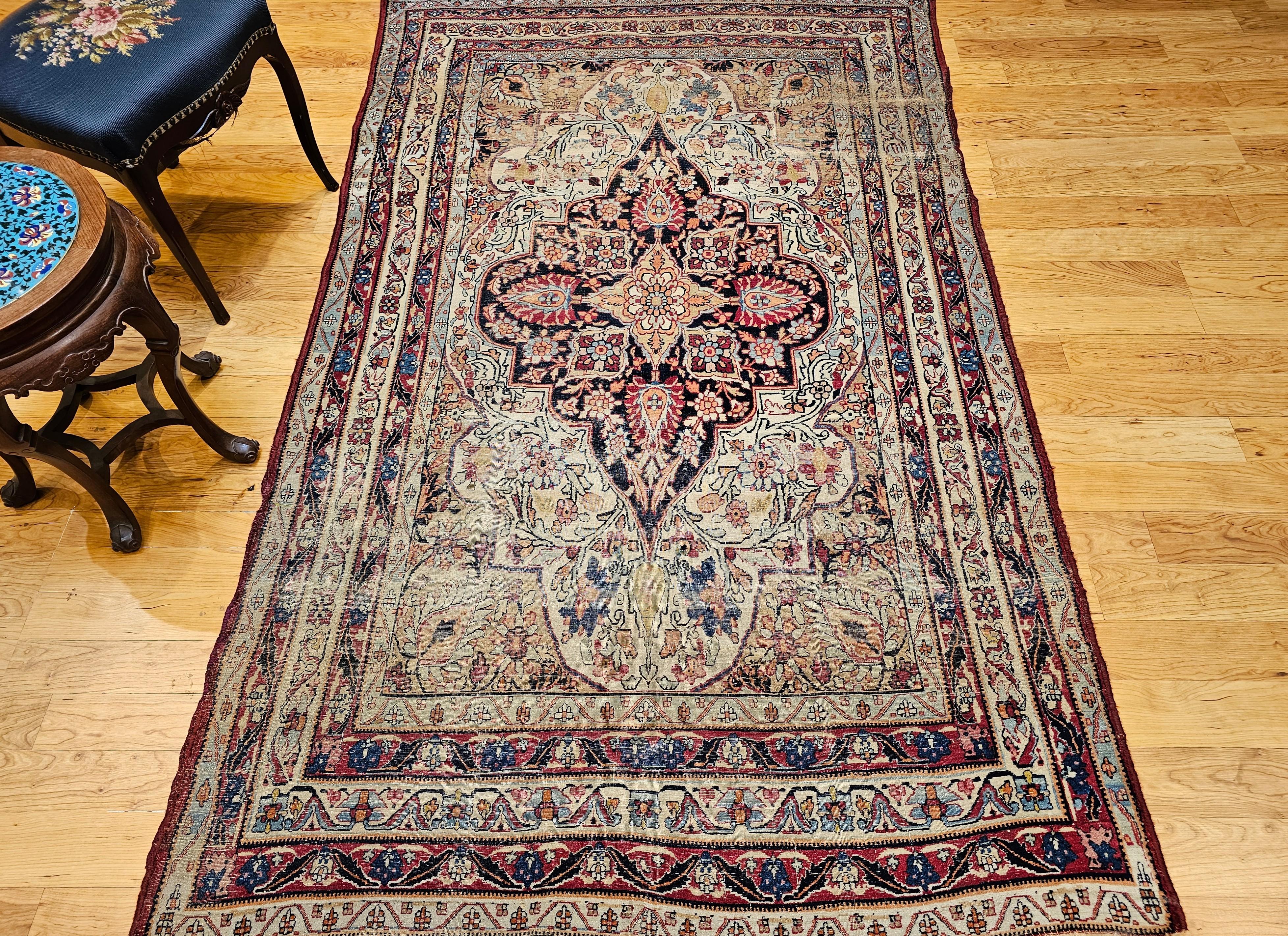 19th Century Persian Kerman Lavar in Floral Pattern in Ivory, Red, Navy, Yellow For Sale 11