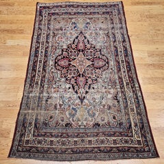 Antique Kerman Lavar Rug, Wool on Cotton, Floral Medallion, 1880s