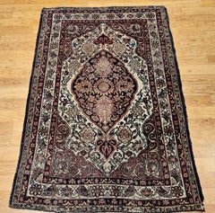 19th Century Persian Kerman Lavar in Floral Pattern in Ivory, Red, Navy, Yellow