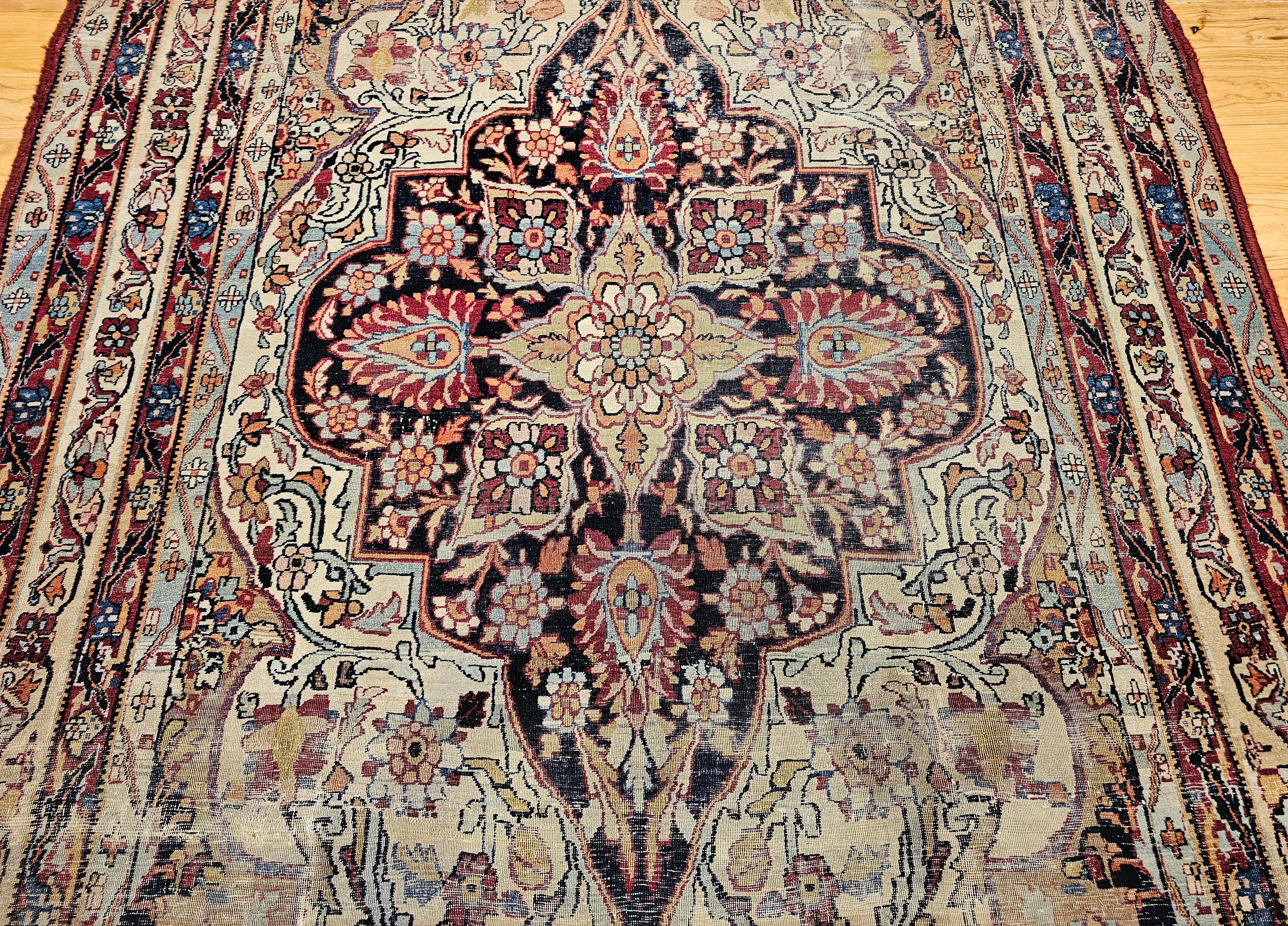 19th Century Persian Kerman Lavar in Floral Pattern in Ivory, Red, Navy, Yellow In Good Condition For Sale In Barrington, IL