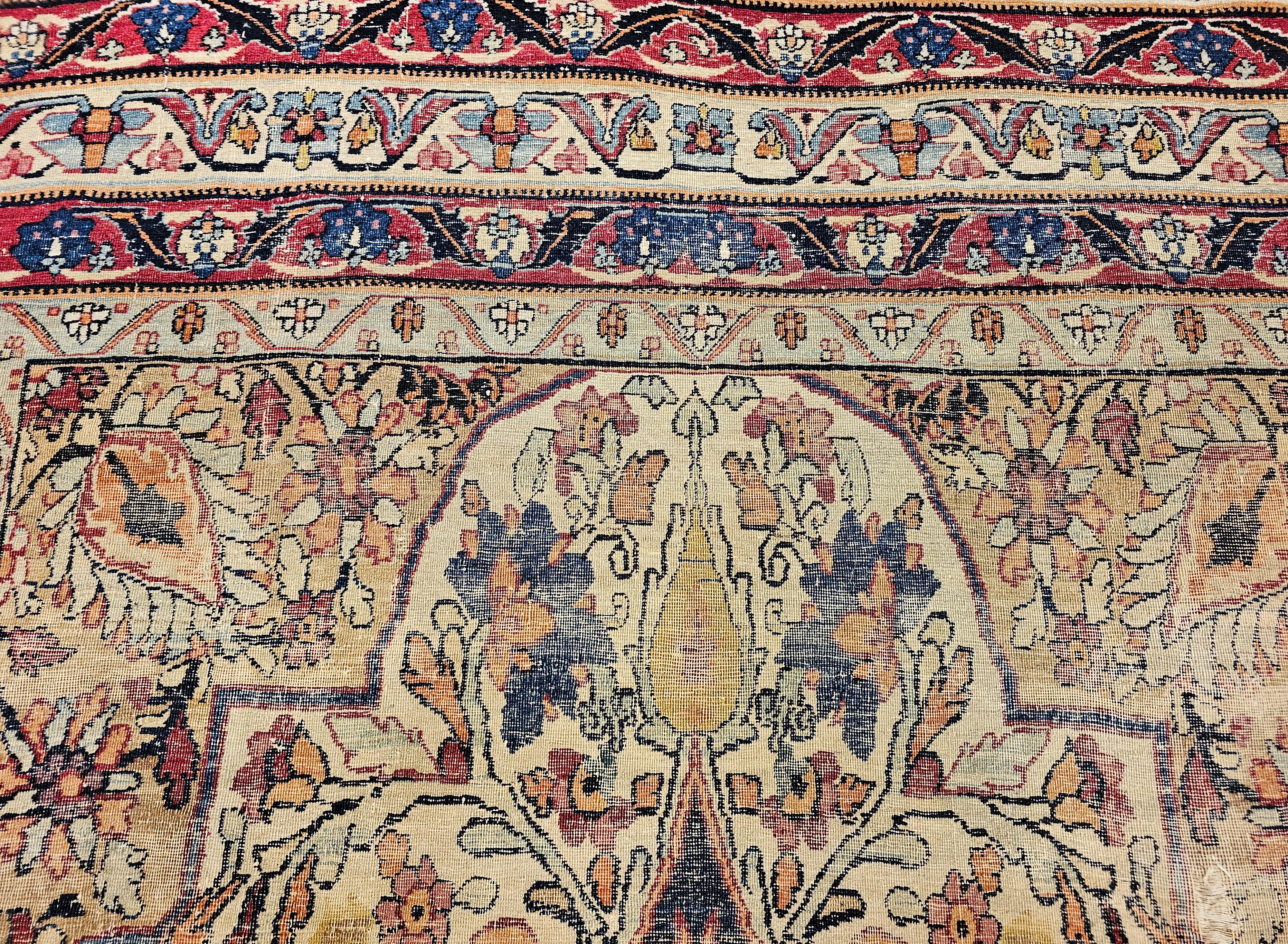19th Century Persian Kerman Lavar in Floral Pattern in Ivory, Red, Navy, Yellow For Sale 3