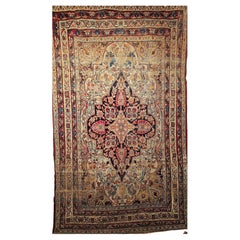 19th Century Persian Kerman Lavar in Floral Pattern in Ivory, Red, Navy, Yellow