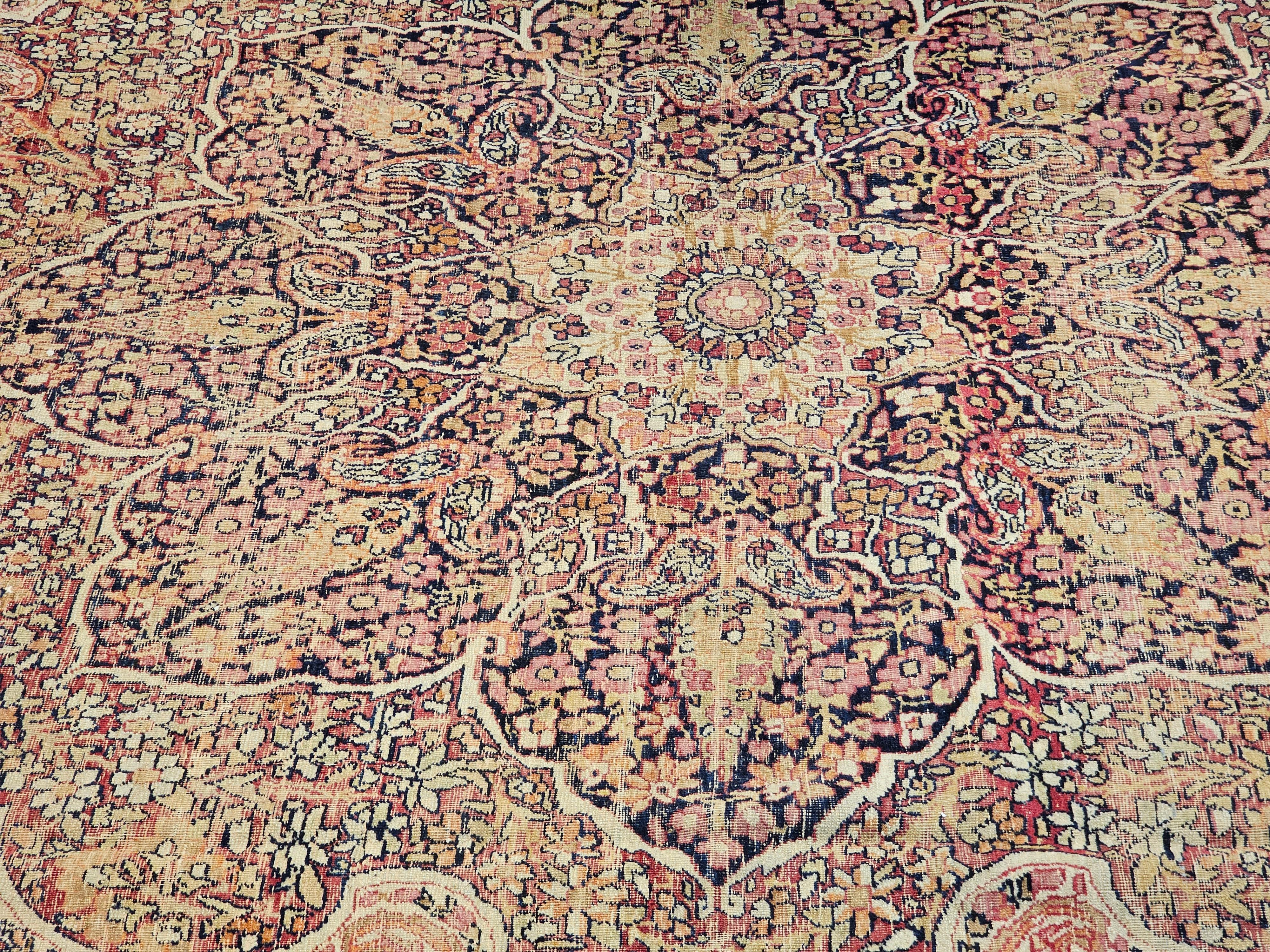 19th-Century Persian Kerman Lavar in Medallion Floral Design in Ivory, Red For Sale 6