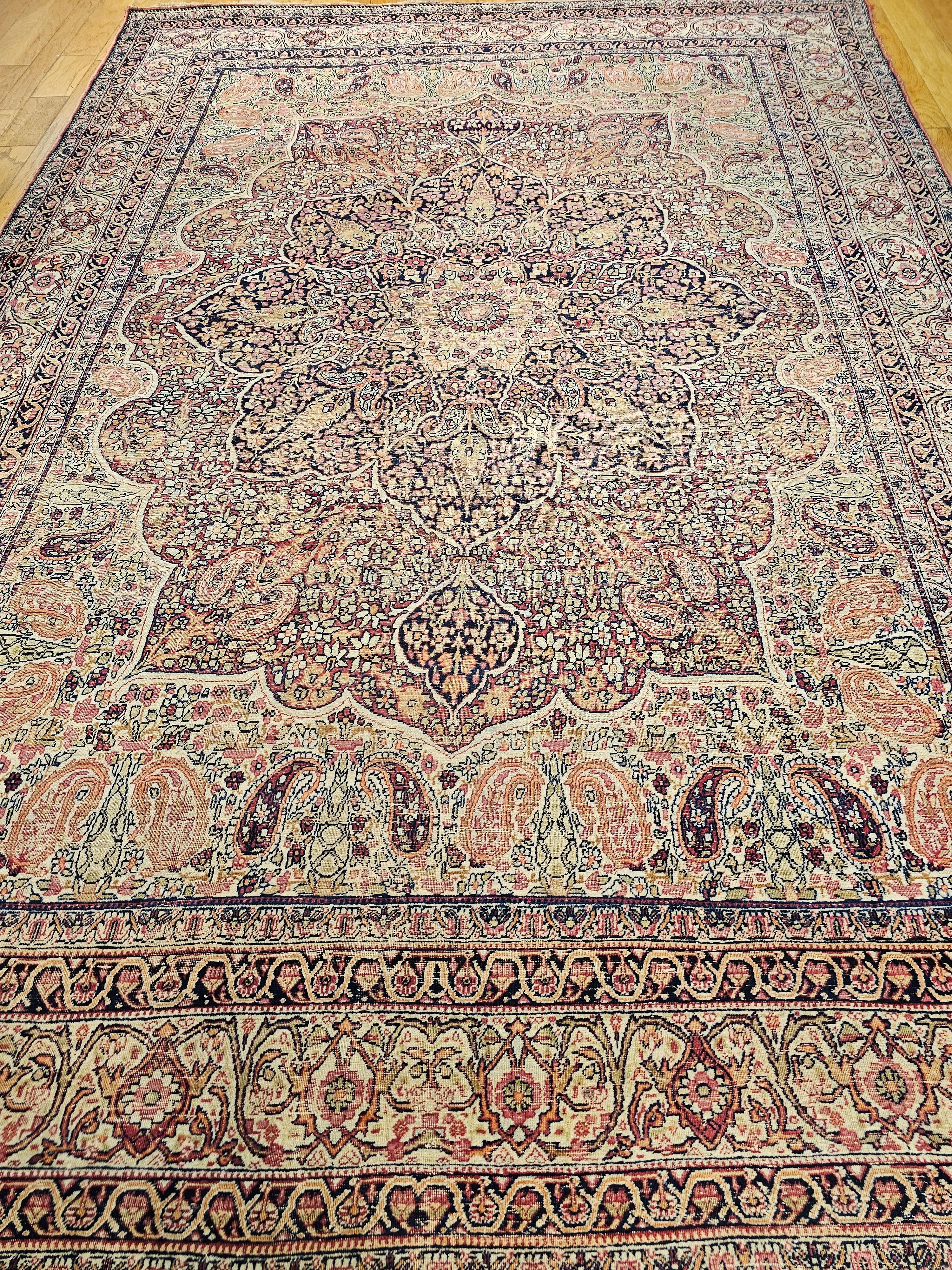 19th-Century Persian Kerman Lavar in Medallion Floral Design in Ivory, Red For Sale 14