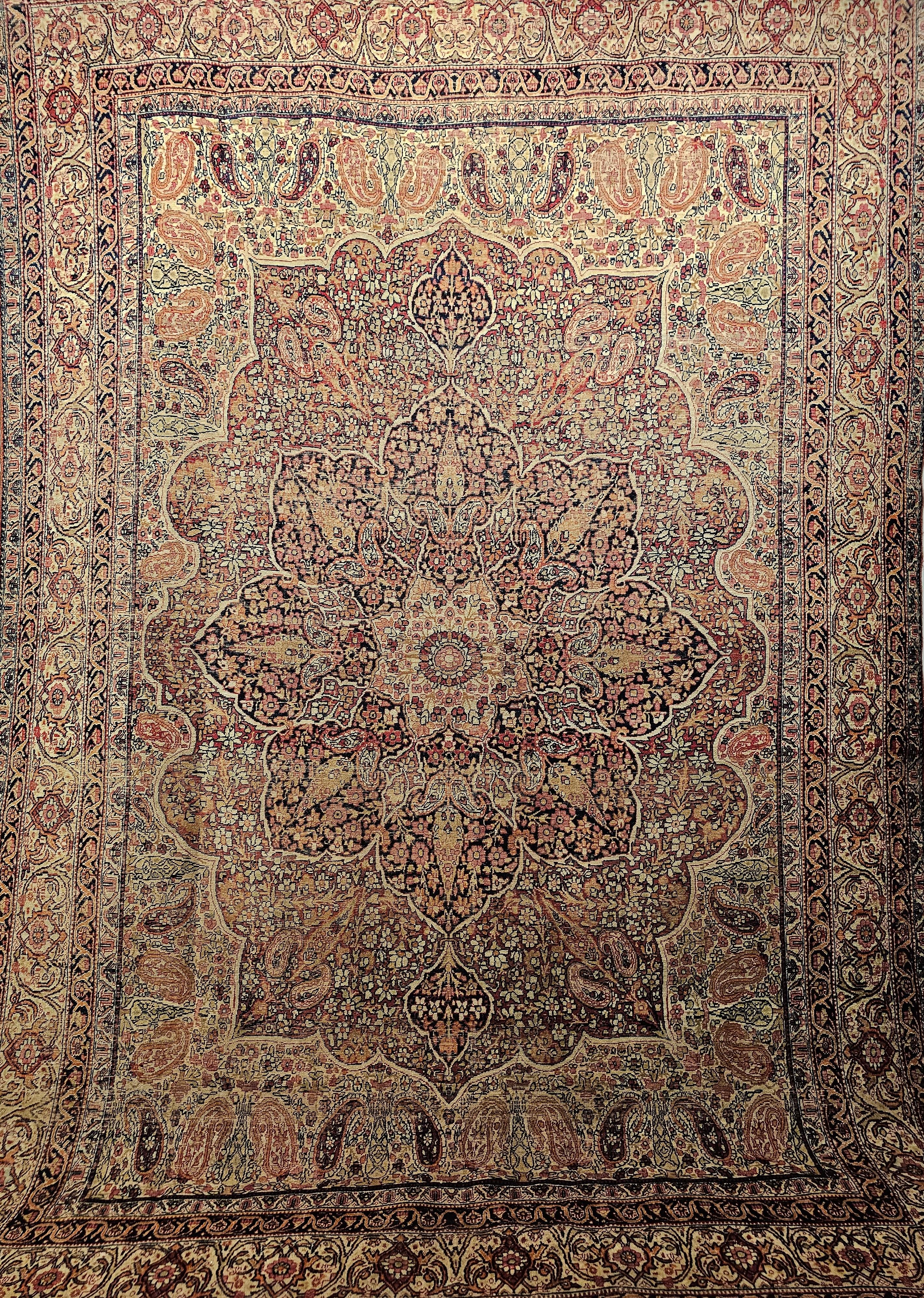 Hand-Knotted 19th-Century Persian Kerman Lavar in Medallion Floral Design in Ivory, Red For Sale