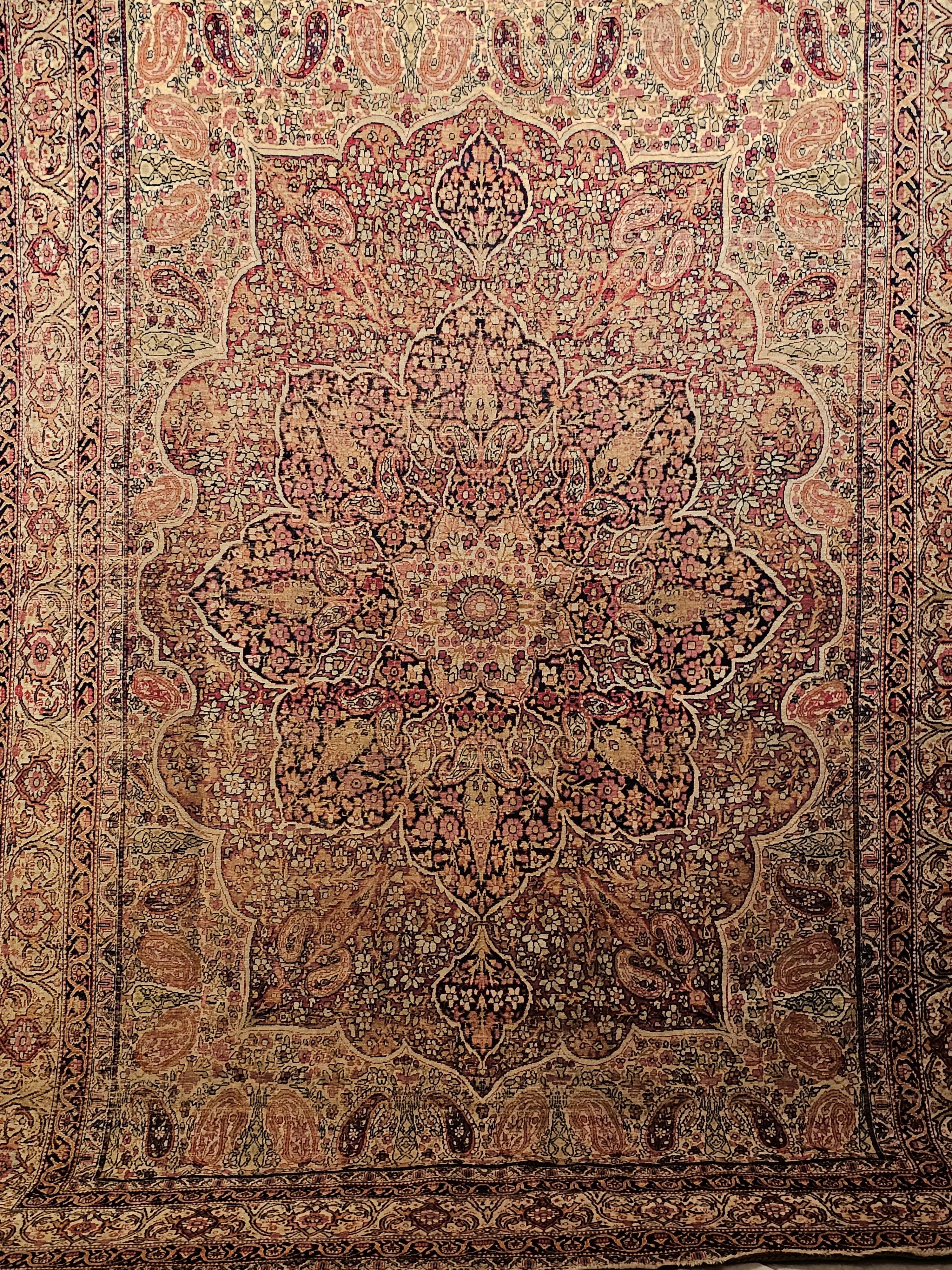 19th-Century Persian Kerman Lavar in Medallion Floral Design in Ivory, Red In Good Condition For Sale In Barrington, IL