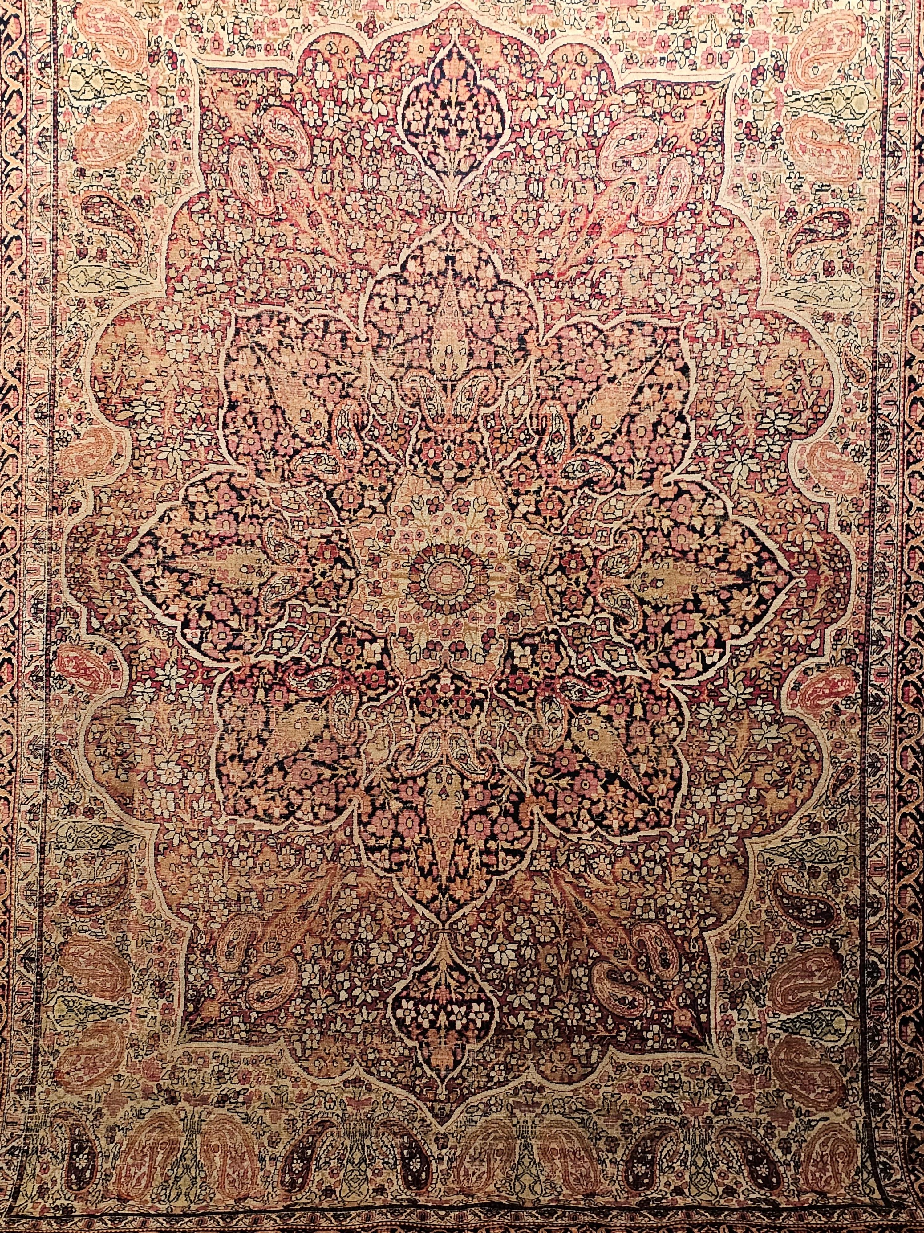19th Century 19th-Century Persian Kerman Lavar in Medallion Floral Design in Ivory, Red For Sale
