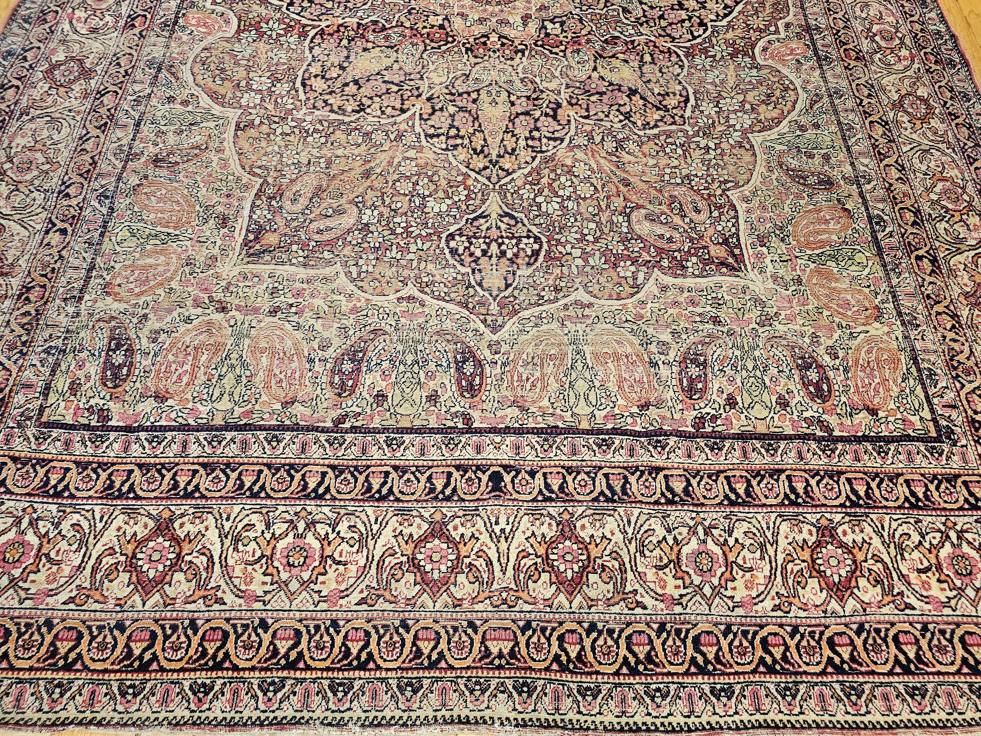 Wool 19th-Century Persian Kerman Lavar in Medallion Floral Design in Ivory, Red For Sale