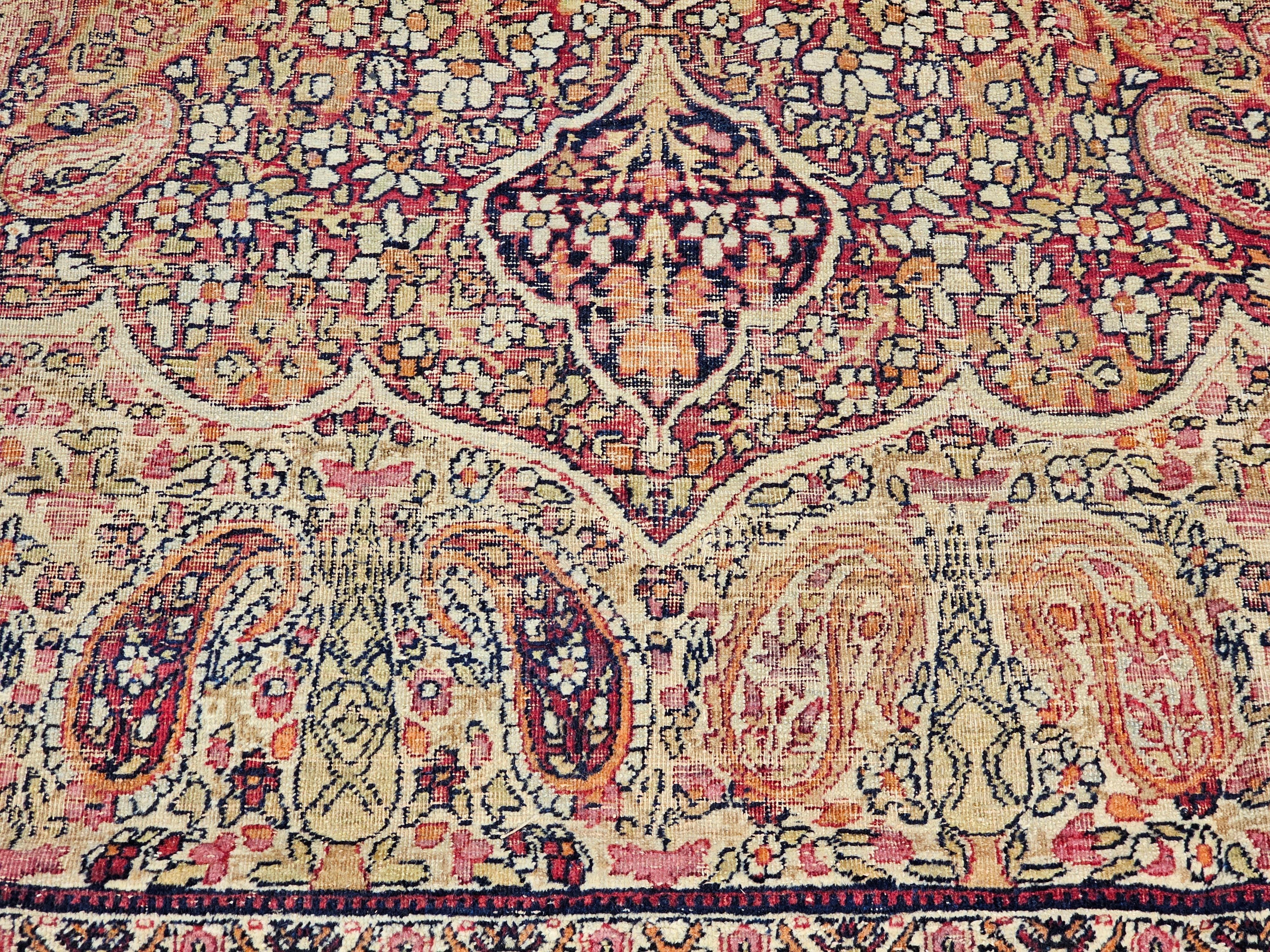 19th-Century Persian Kerman Lavar in Medallion Floral Design in Ivory, Red For Sale 1