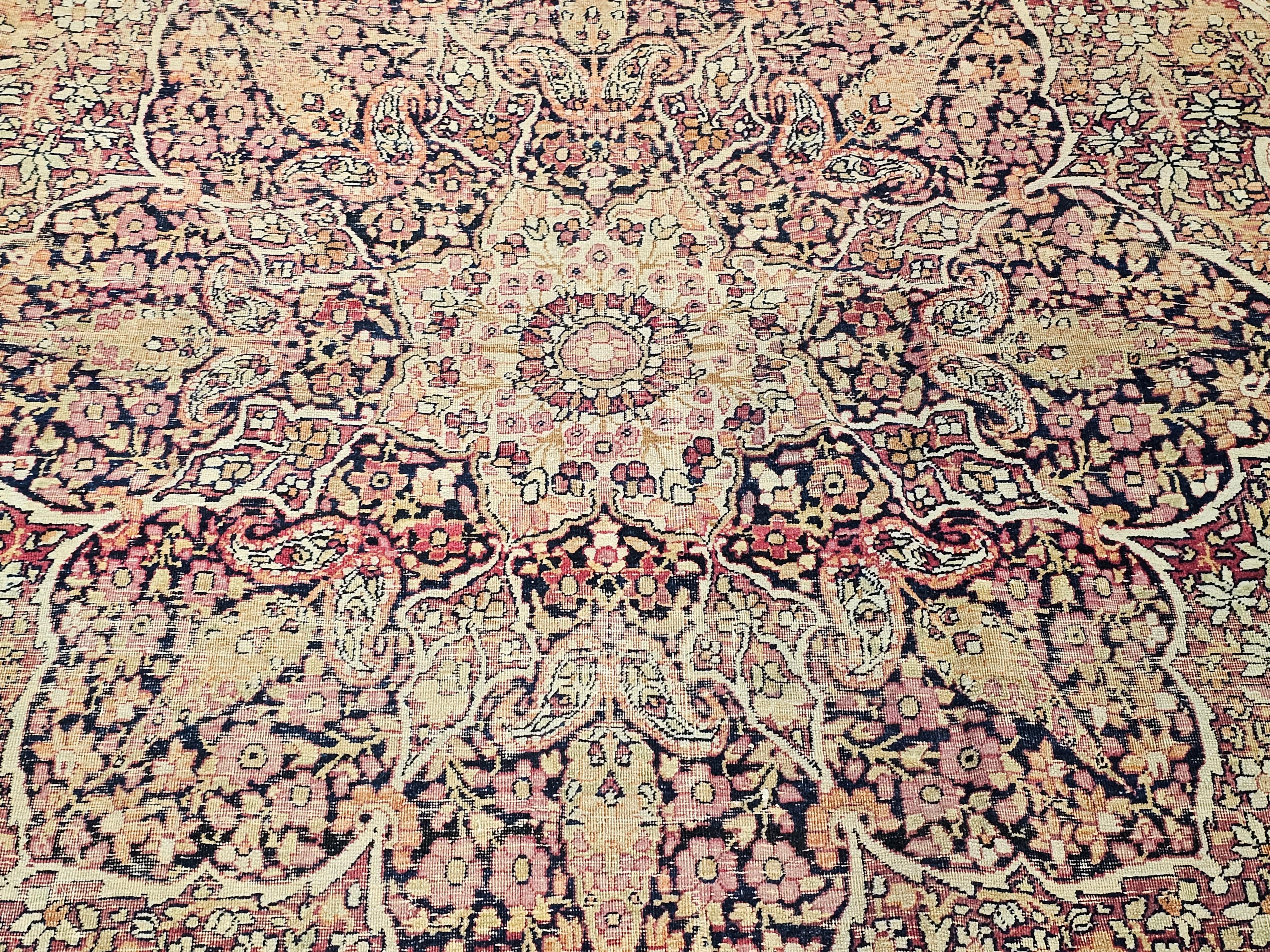 19th-Century Persian Kerman Lavar in Medallion Floral Design in Ivory, Red For Sale 2