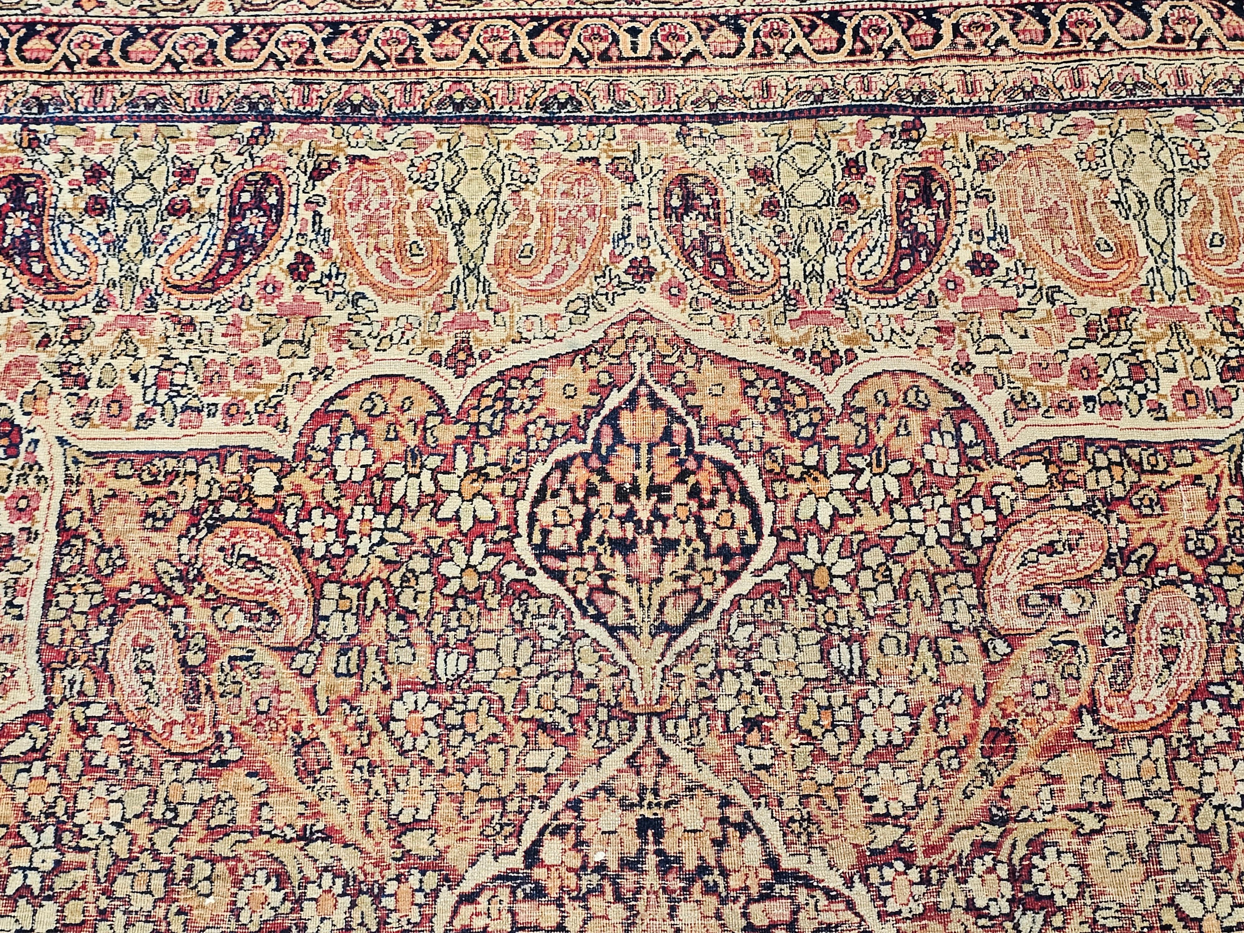 19th-Century Persian Kerman Lavar in Medallion Floral Design in Ivory, Red For Sale 3