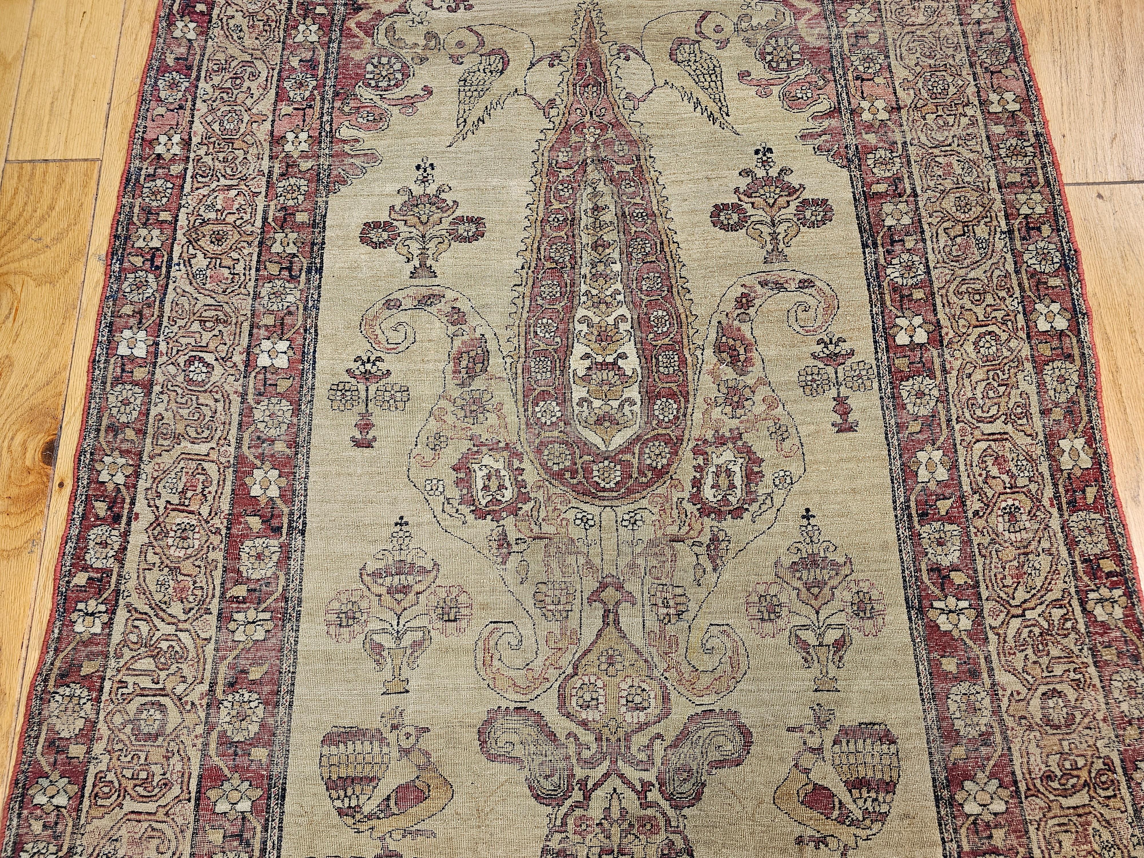 19th Century Persian Kerman Lavar Pictorial “Tree of Life” Rug in Camel, Red For Sale 5