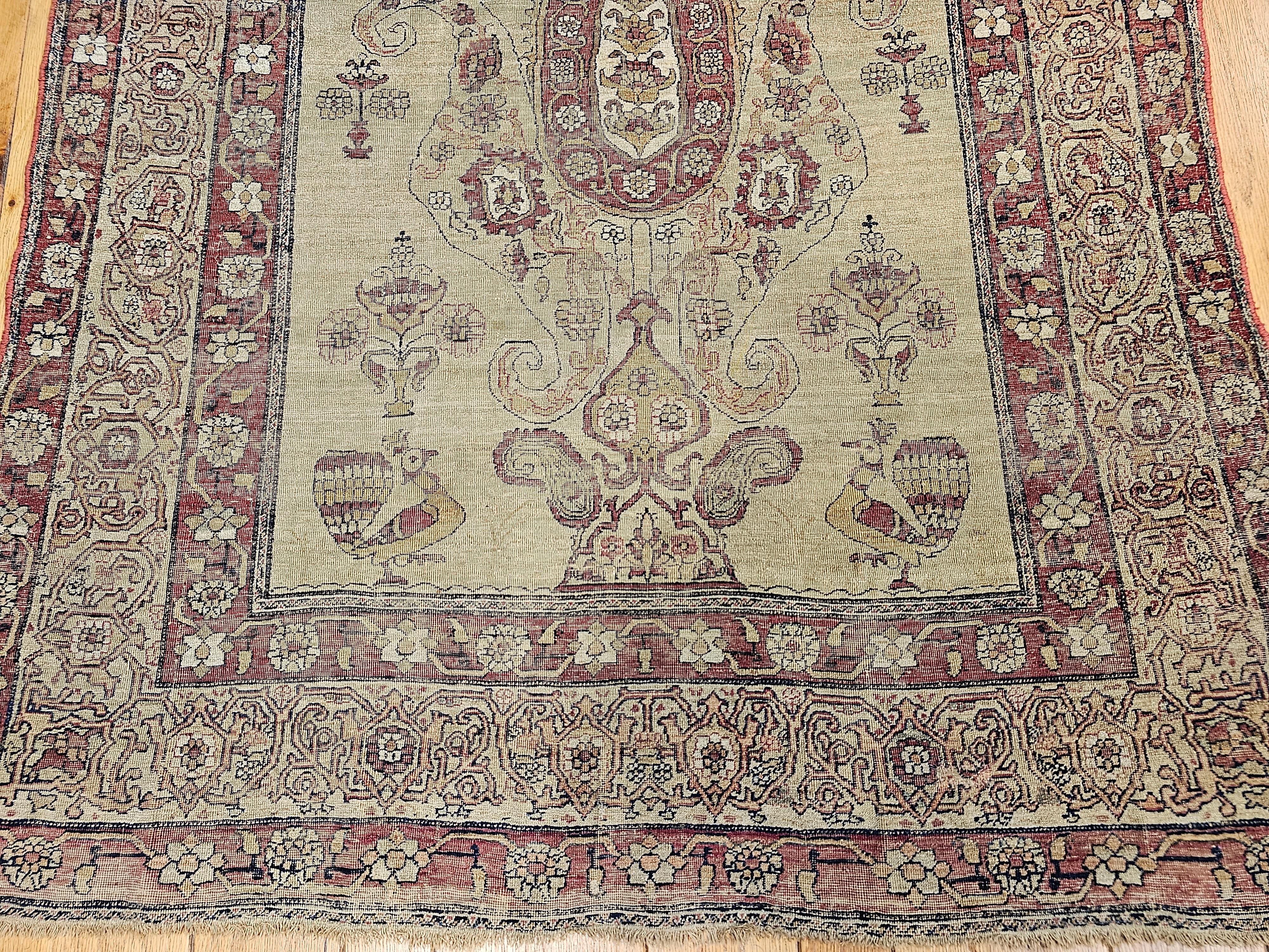 19th Century Persian Kerman Lavar Pictorial “Tree of Life” Rug in Camel, Red For Sale 6