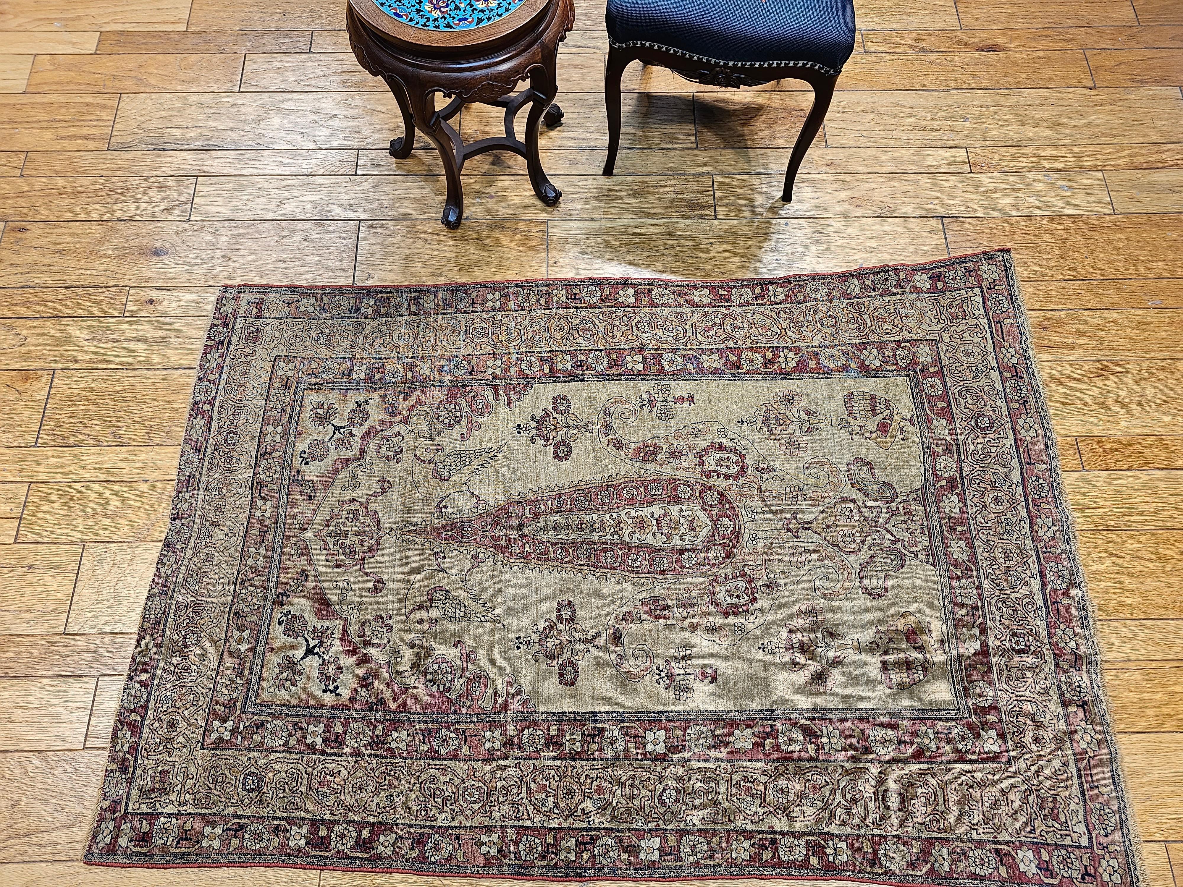 19th Century Persian Kerman Lavar Pictorial “Tree of Life” Rug in Camel, Red For Sale 10