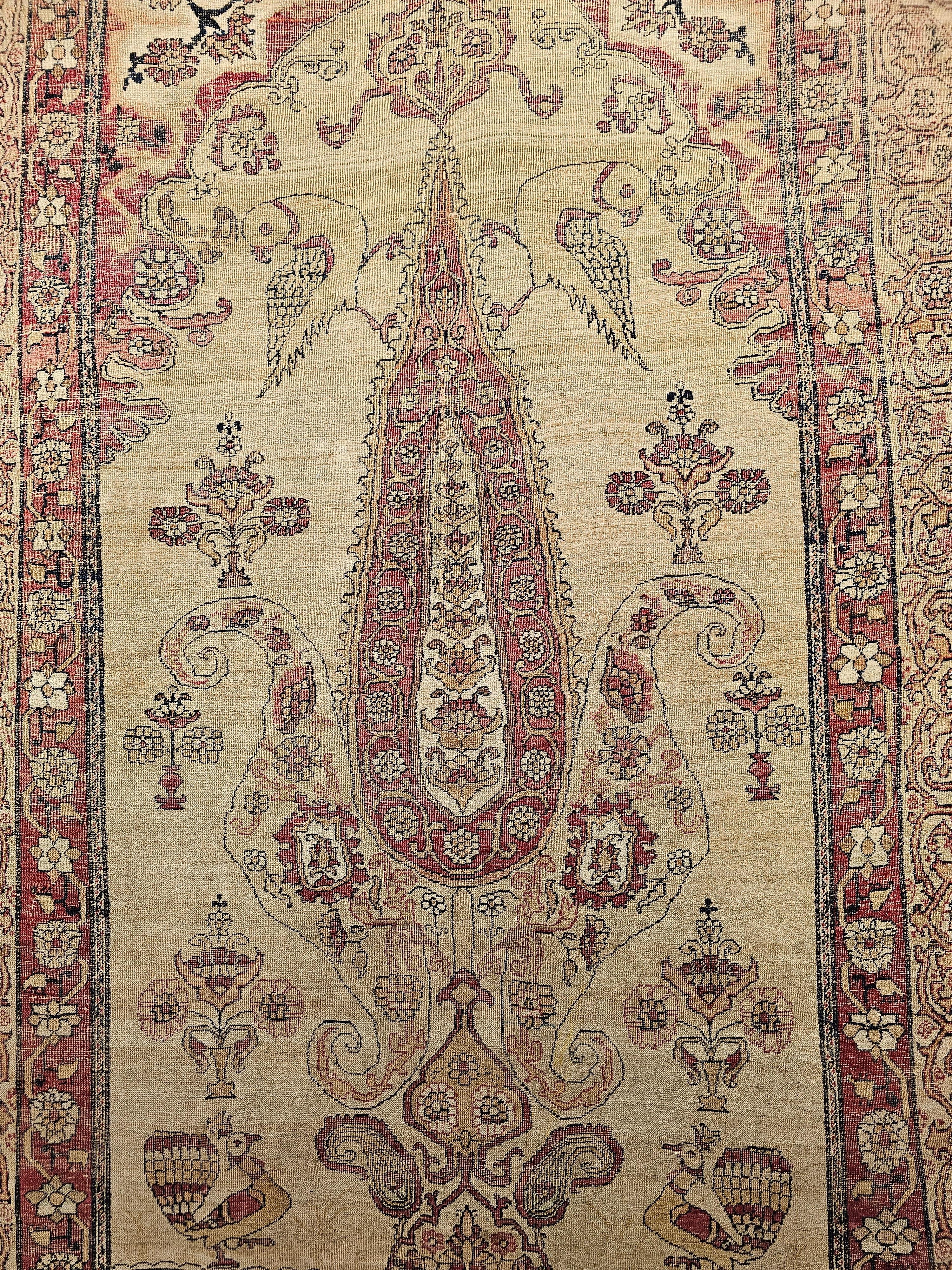 Vegetable Dyed 19th Century Persian Kerman Lavar Pictorial “Tree of Life” Rug in Camel, Red For Sale