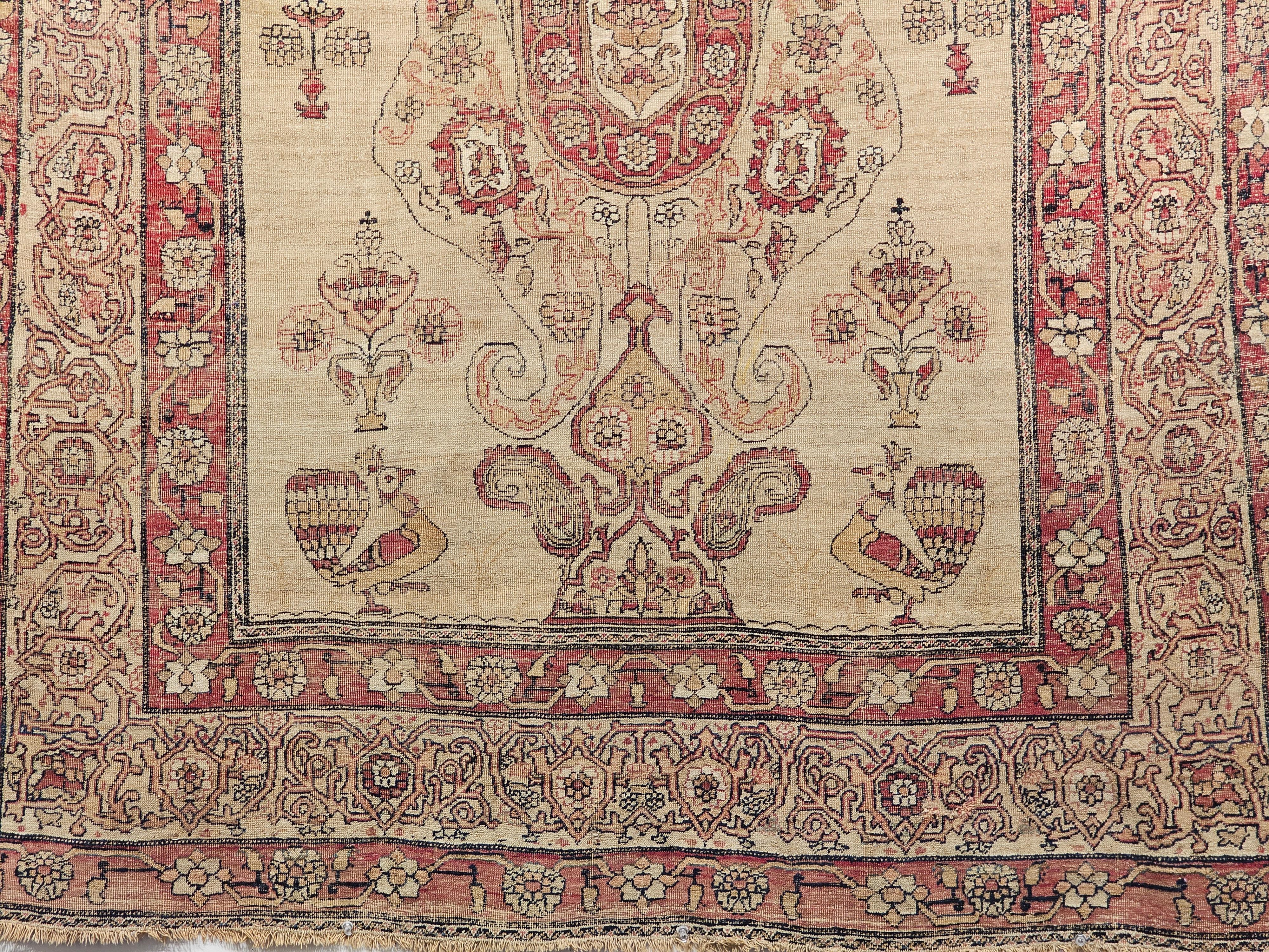 19th Century Persian Kerman Lavar Pictorial “Tree of Life” Rug in Camel, Red In Good Condition For Sale In Barrington, IL