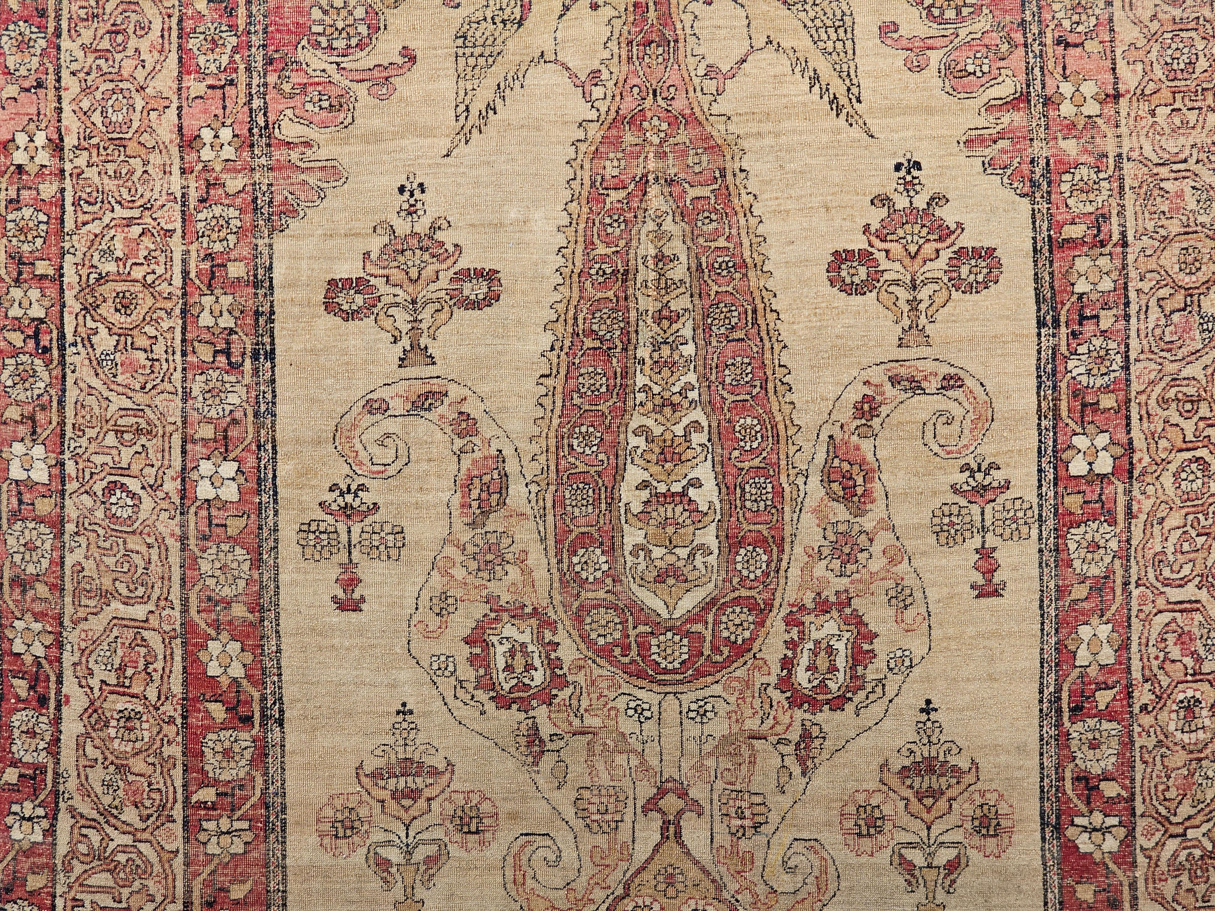 Wool 19th Century Persian Kerman Lavar Pictorial “Tree of Life” Rug in Camel, Red For Sale