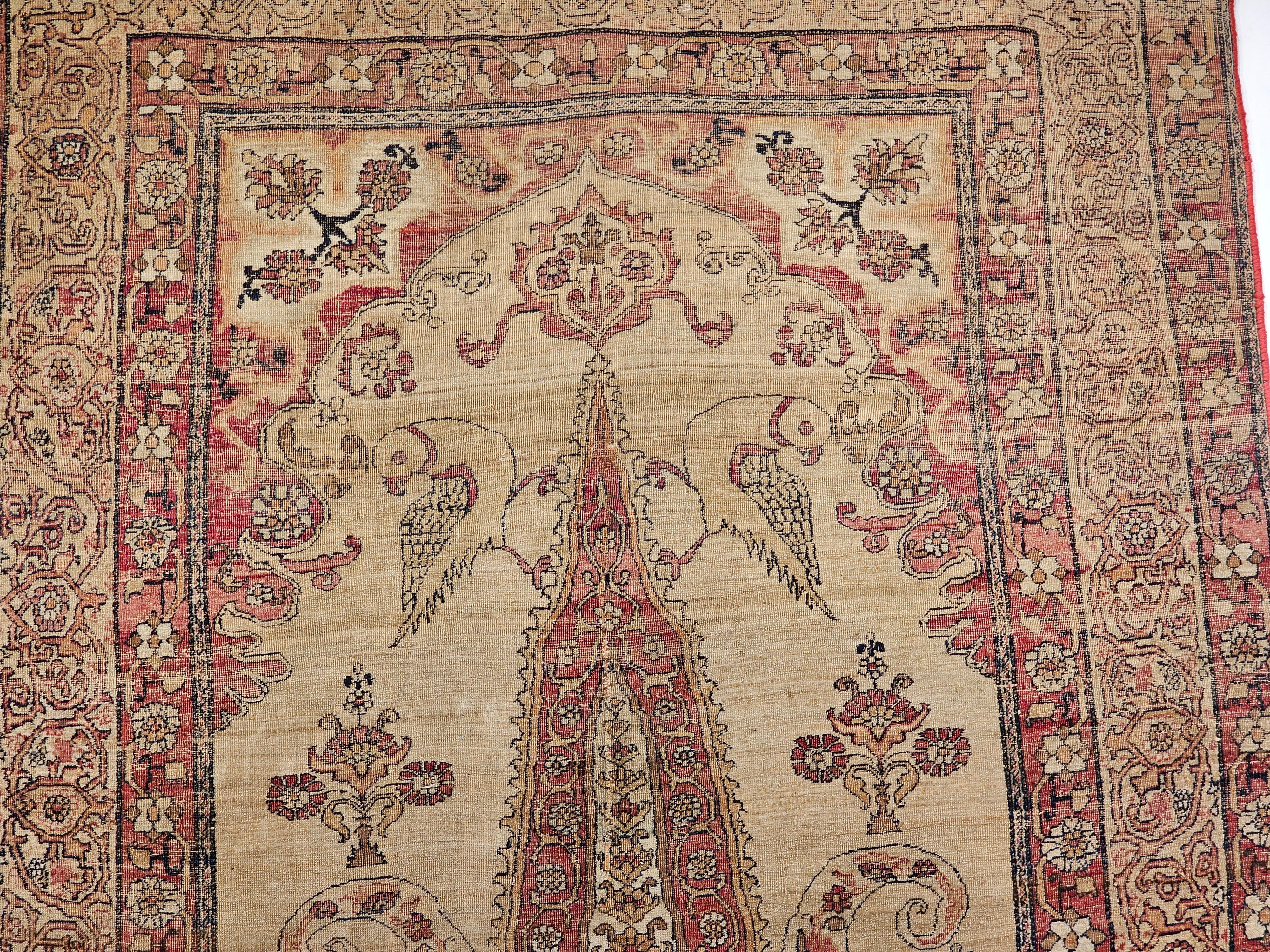 19th Century Persian Kerman Lavar Pictorial “Tree of Life” Rug in Camel, Red For Sale 1