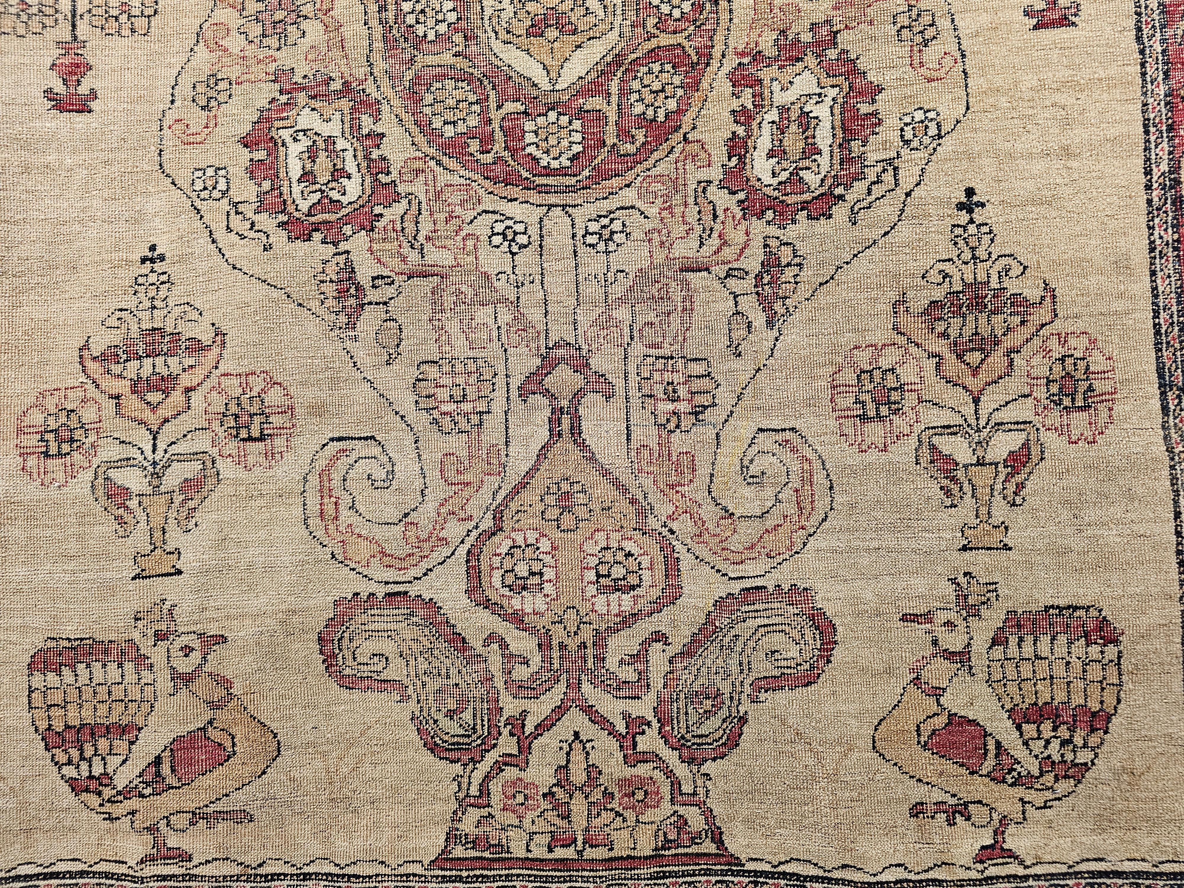 19th Century Persian Kerman Lavar Pictorial “Tree of Life” Rug in Camel, Red For Sale 2