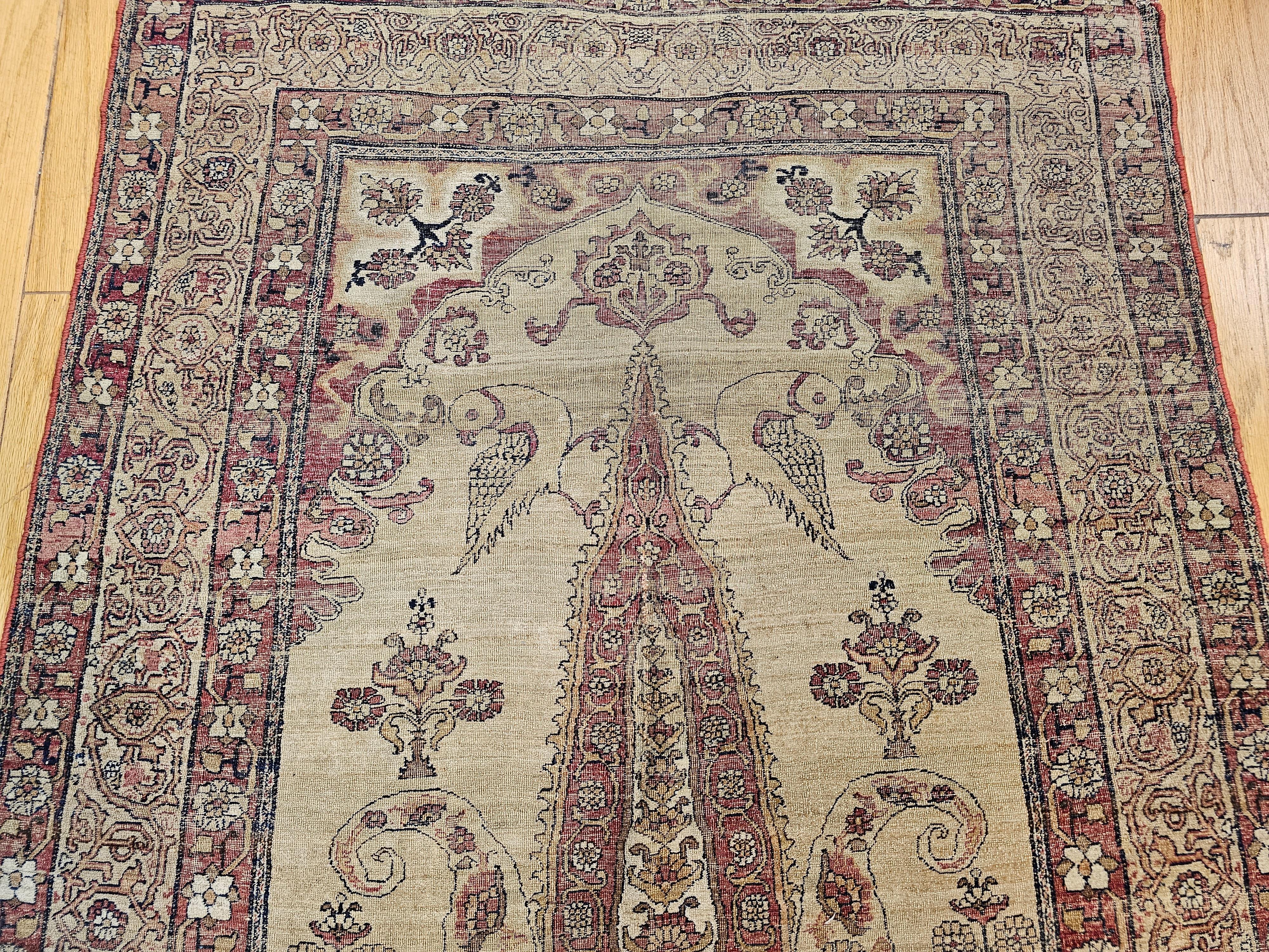 19th Century Persian Kerman Lavar Pictorial “Tree of Life” Rug in Camel, Red For Sale 4
