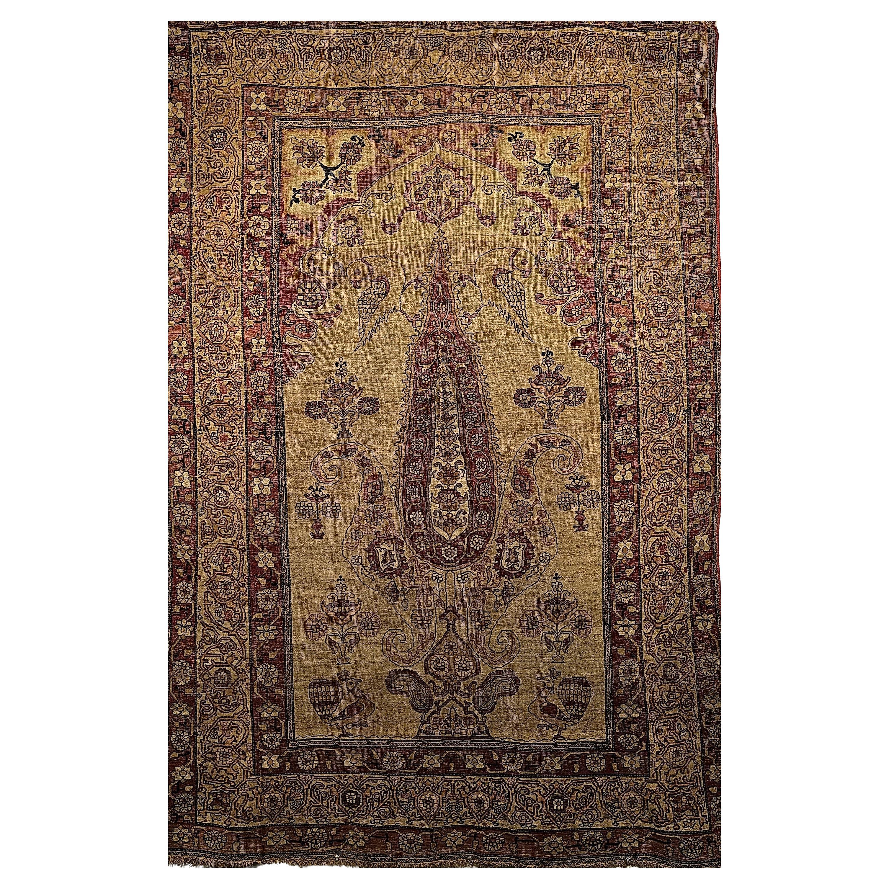 19th Century Persian Kerman Lavar Pictorial “Tree of Life” Rug in Camel, Red For Sale