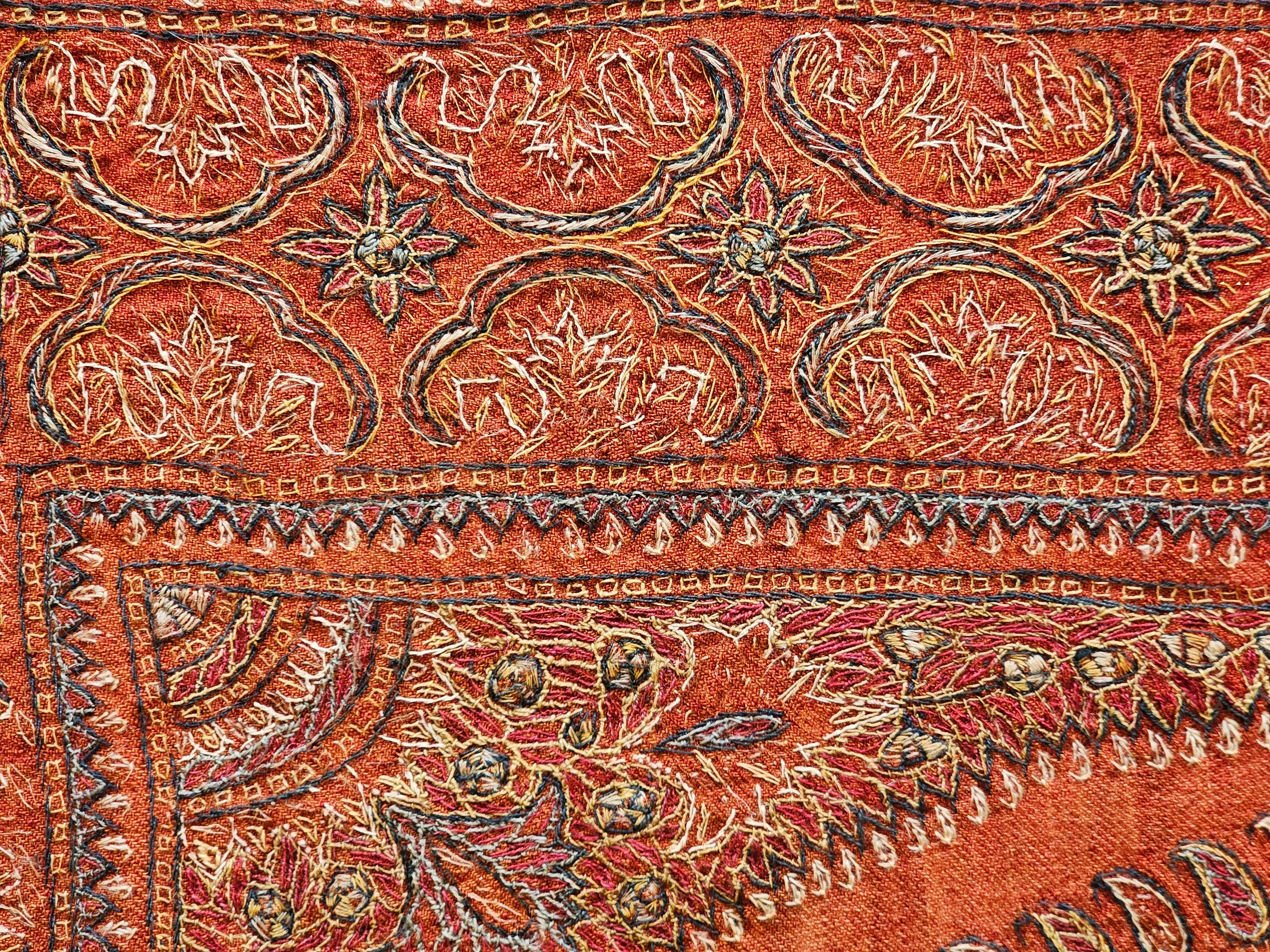 19th Century Persian Kerman Termeh Silk Embroidery Suzani in Red, Blue, Ivory For Sale 5