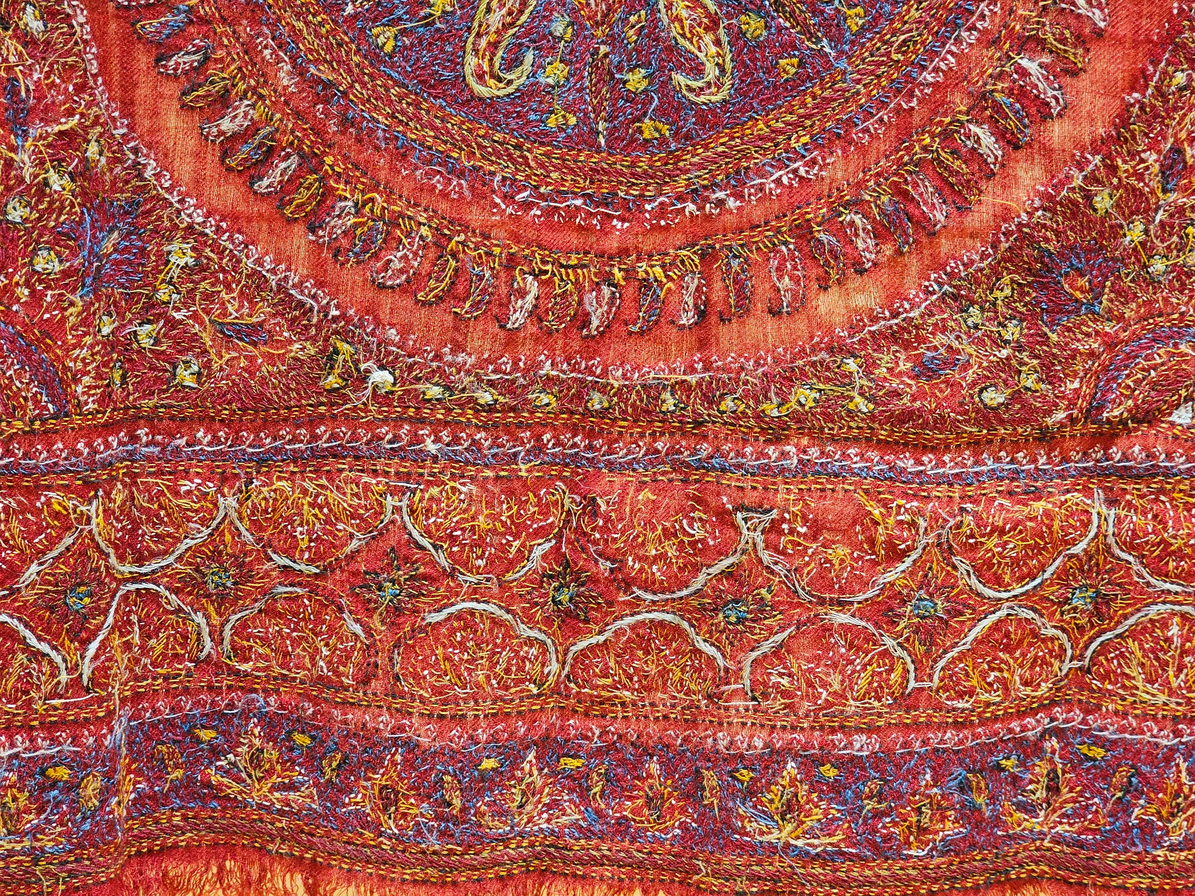 19th Century Persian Kerman Termeh Silk Embroidery Suzani in Red, Blue, Ivory For Sale 9